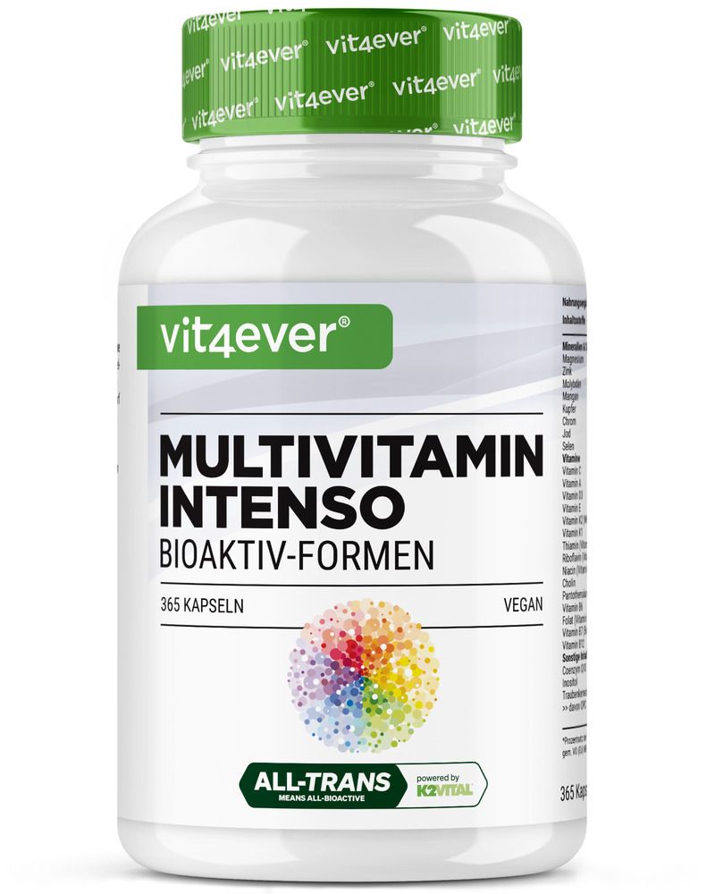 Eine weiße Flasche vit4ever Multivitamin Intenso mit 365 Kapseln. Aufschrift: Bioaktiv-Formen. Vegan.