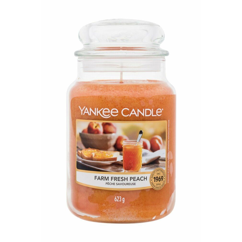 Duftkerze im Glas mit Deckel. Etikett mit Pfirsich-Motiv und Schriftzug "Yankee Candle". Gewicht: 623g.