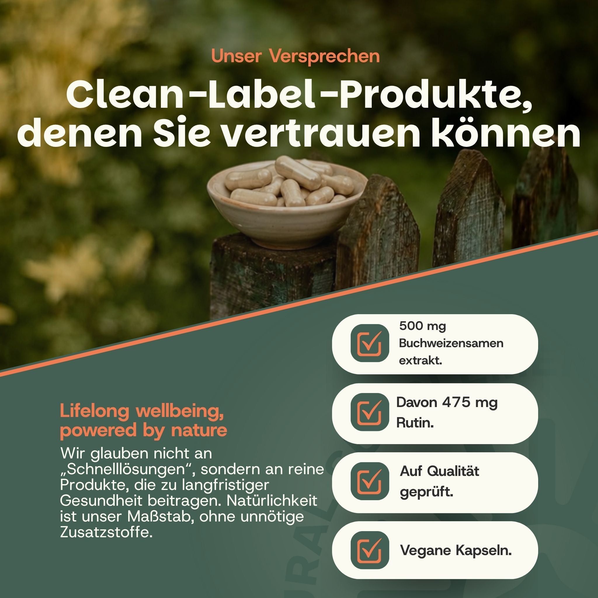 Kapseln in einer Schale auf einem Holzpfahl. "Clean-Label-Produkte, denen Sie vertrauen können".