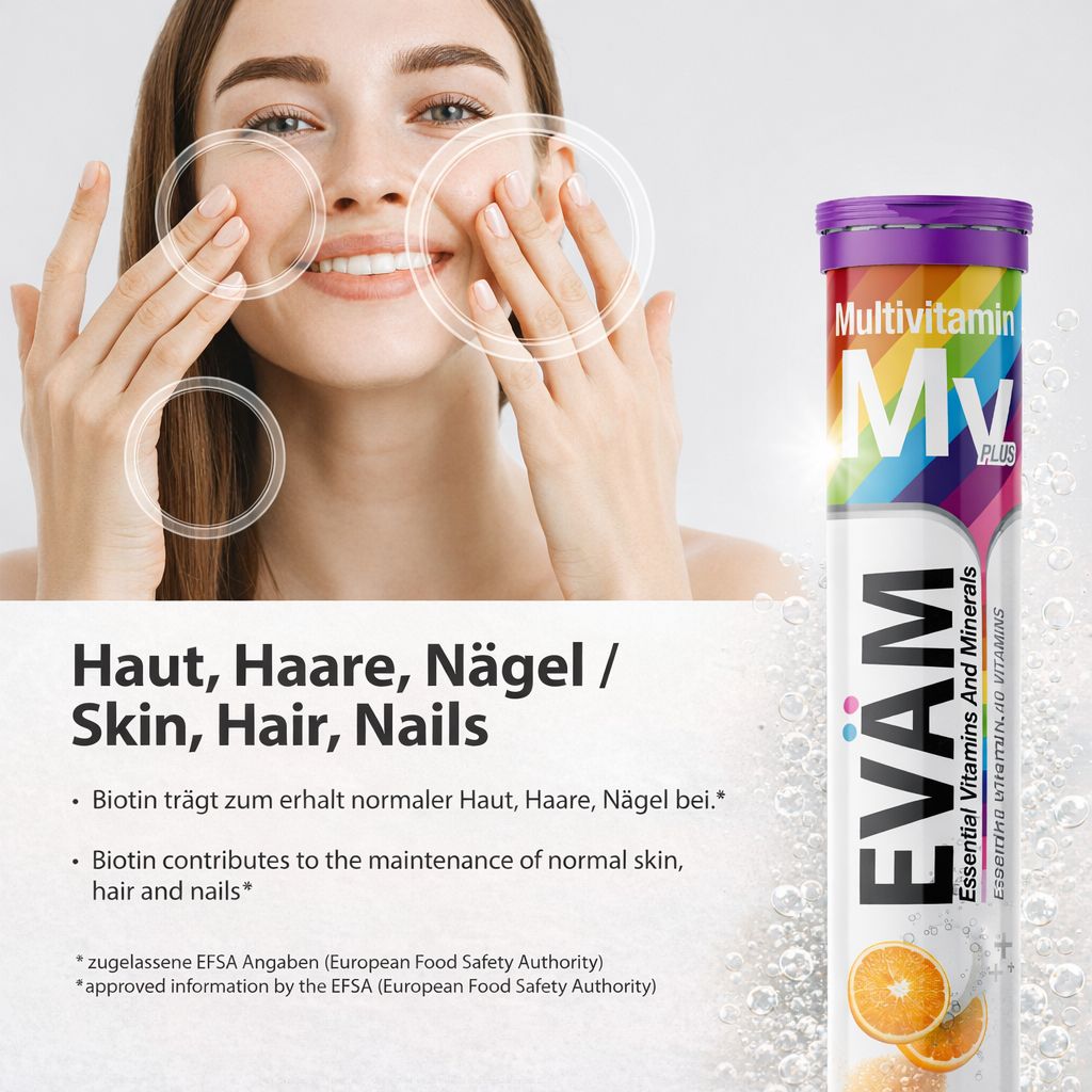 Frau mit Gesicht, mit einer Tube EVÄM Multivitamin Brausetabletten. Text über Haut, Haare, Nägel und Vitamine.