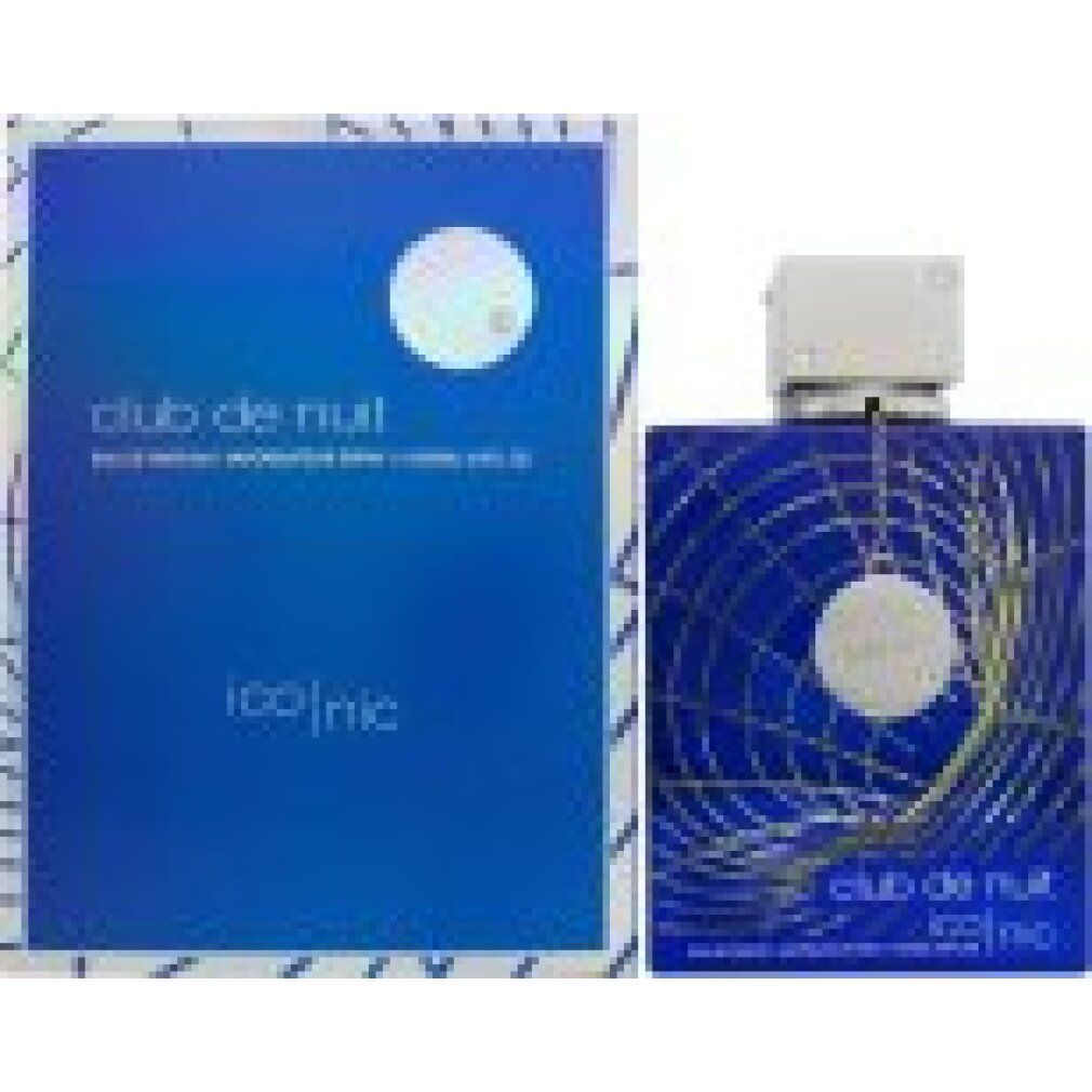 Blauer Flakon und Verpackung. Flakon quadratisch, silberner Deckel. Text: Club de Nuit Iconic, Eau de Parfum. Verpackung daneben.