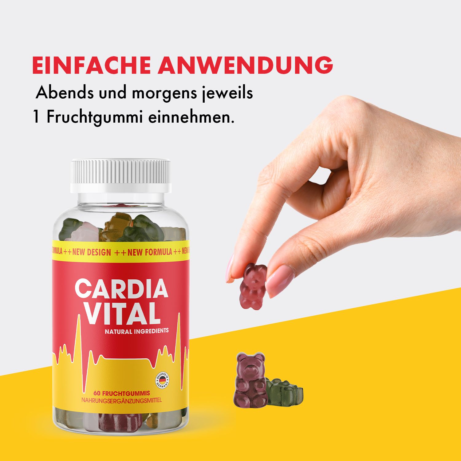 Hand hält ein rotes Gummibärchen. Daneben Flasche mit CARDIA VITAL. Text: Einfache Anwendung. Abends und morgens jeweils 1 Fruchtgummi einnehmen.