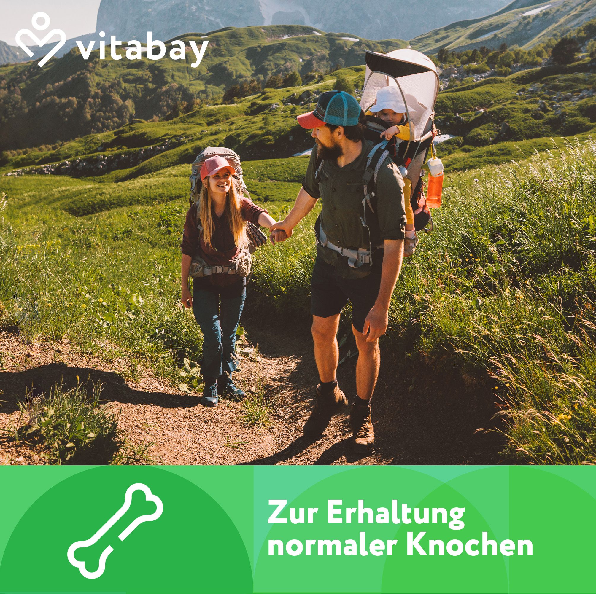 Familie wandert. Text: Zur Erhaltung normaler Knochen. Grüner Hintergrund mit Knochensymbol.