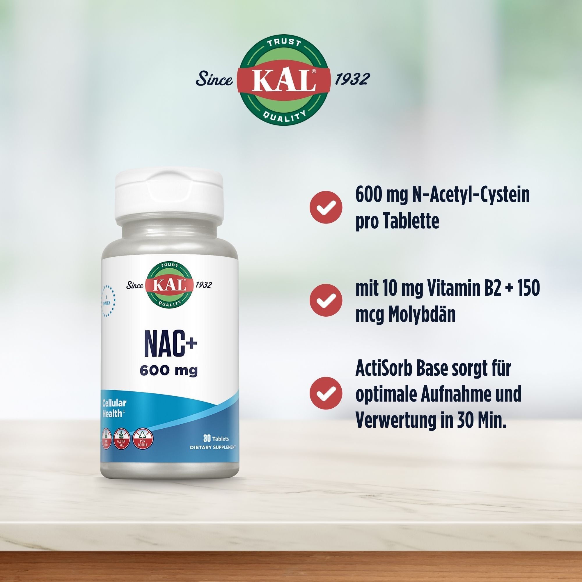 Flasche mit NAC+ 600 mg. Text: 600 mg N-Acetyl-Cystein pro Tablette, 10 mg Vitamin B2 + 150 mcg Molybdän.