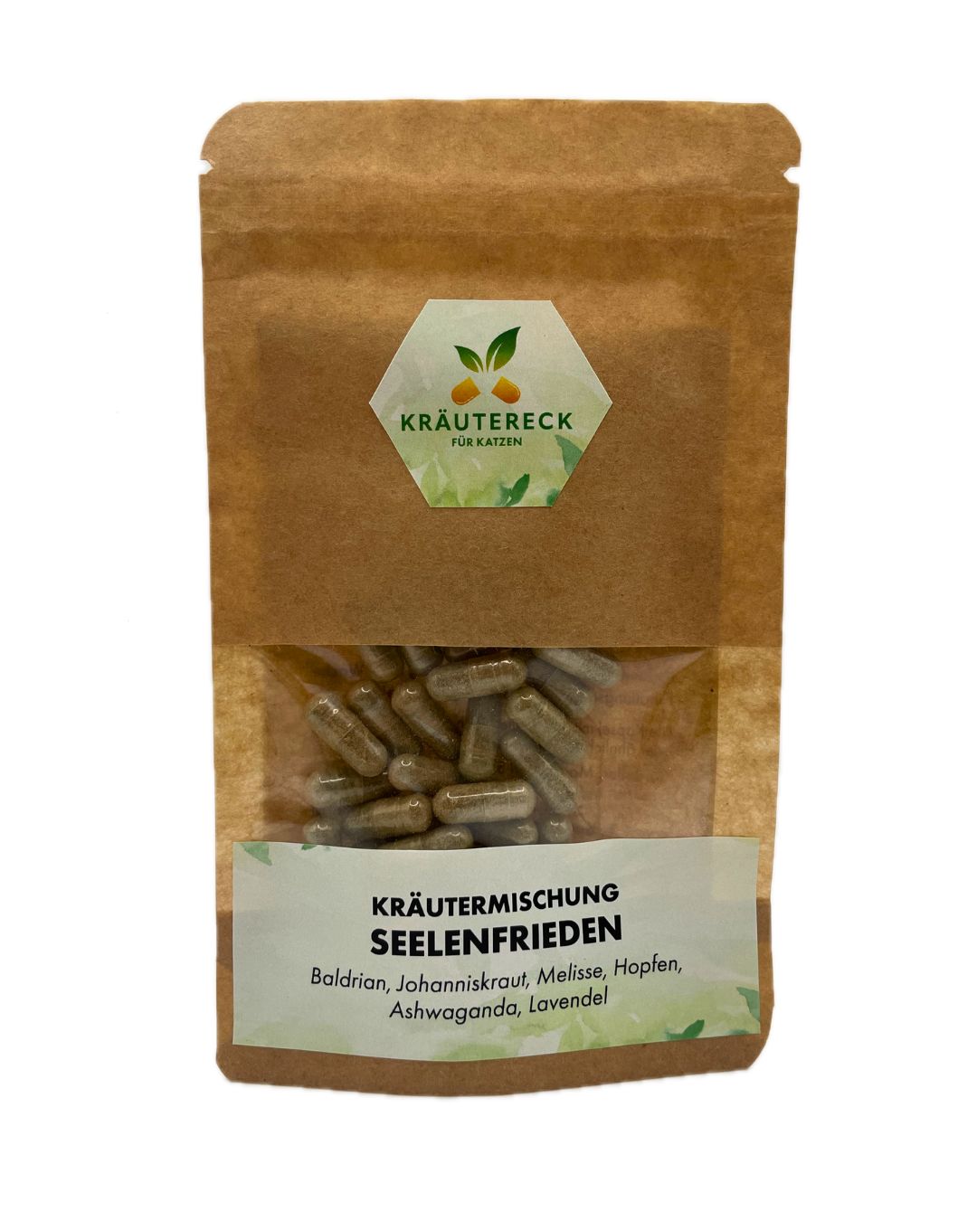 Braune Tüte mit Kräuterkapseln. Sichtfenster mit Produktbezeichnung: Kräutermischung Seelenfrieden. Logo: Kräutereck.