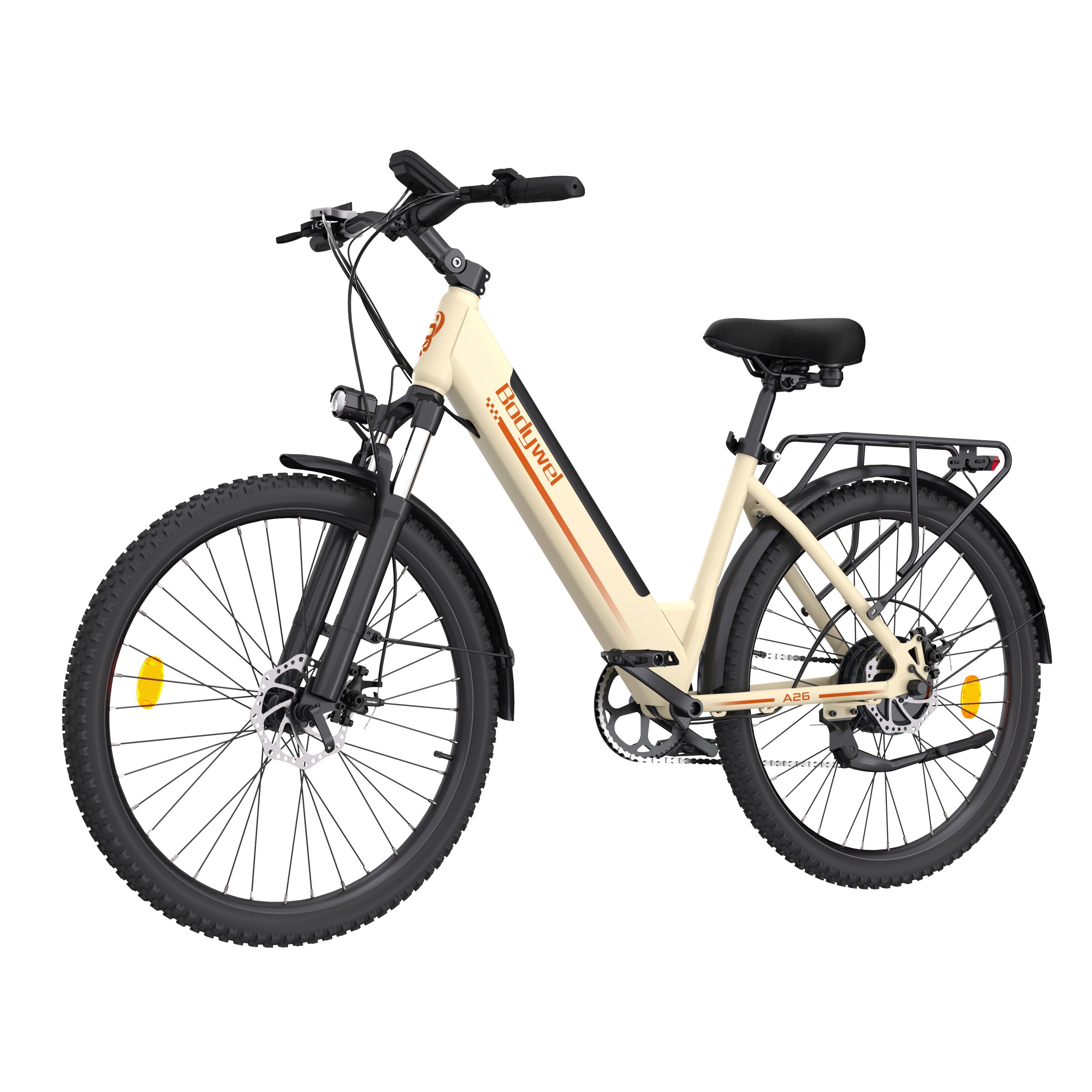 Beige Elektrofahrrad mit schwarzem Rahmen und Reifen. Gepäckträger hinten. Marke Bodywel sichtbar.