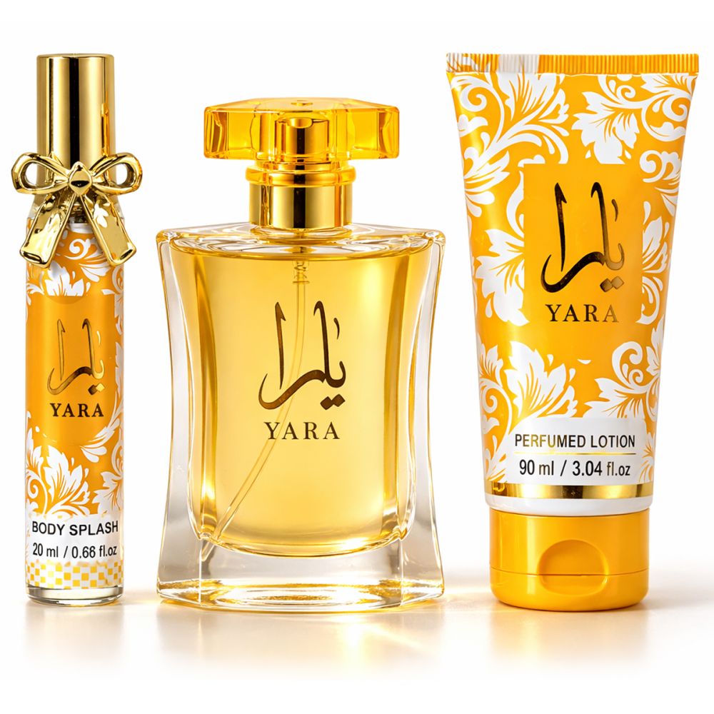 Duftspray, Parfüm und parfümierte Lotion. Goldfarbene Verschlüsse. Gelb-weißes Muster.
