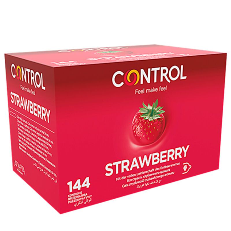 Rote Verpackung mit Erdbeere-Abbildung. Aufschrift "CONTROL Strawberry" und "144".