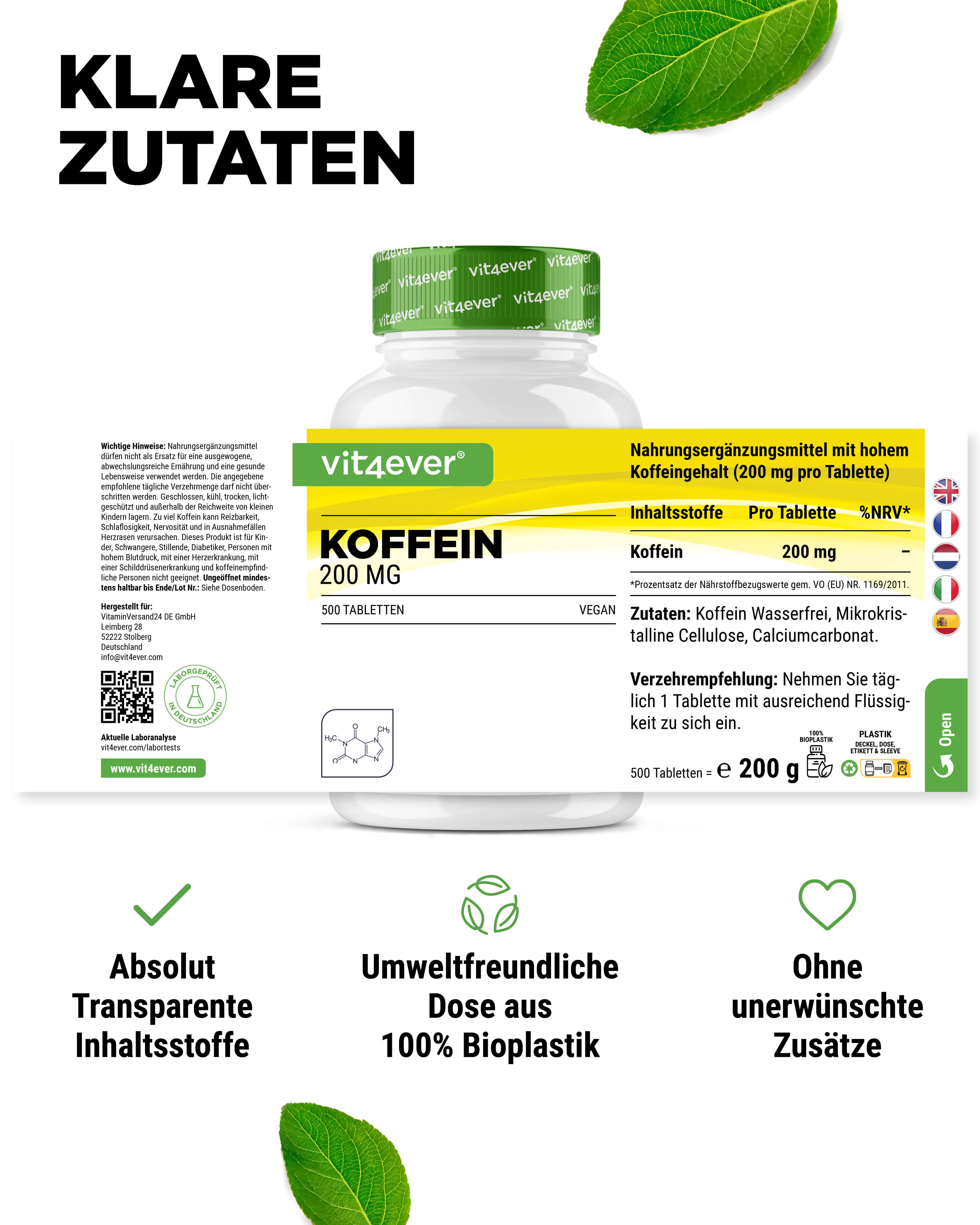 Flasche Koffein 200 MG. Text: Nahrungsergänzungsmittel. Inhaltsstoffe. Vegan. Umweltfreundliche Dose aus 100% Bioplastik.
