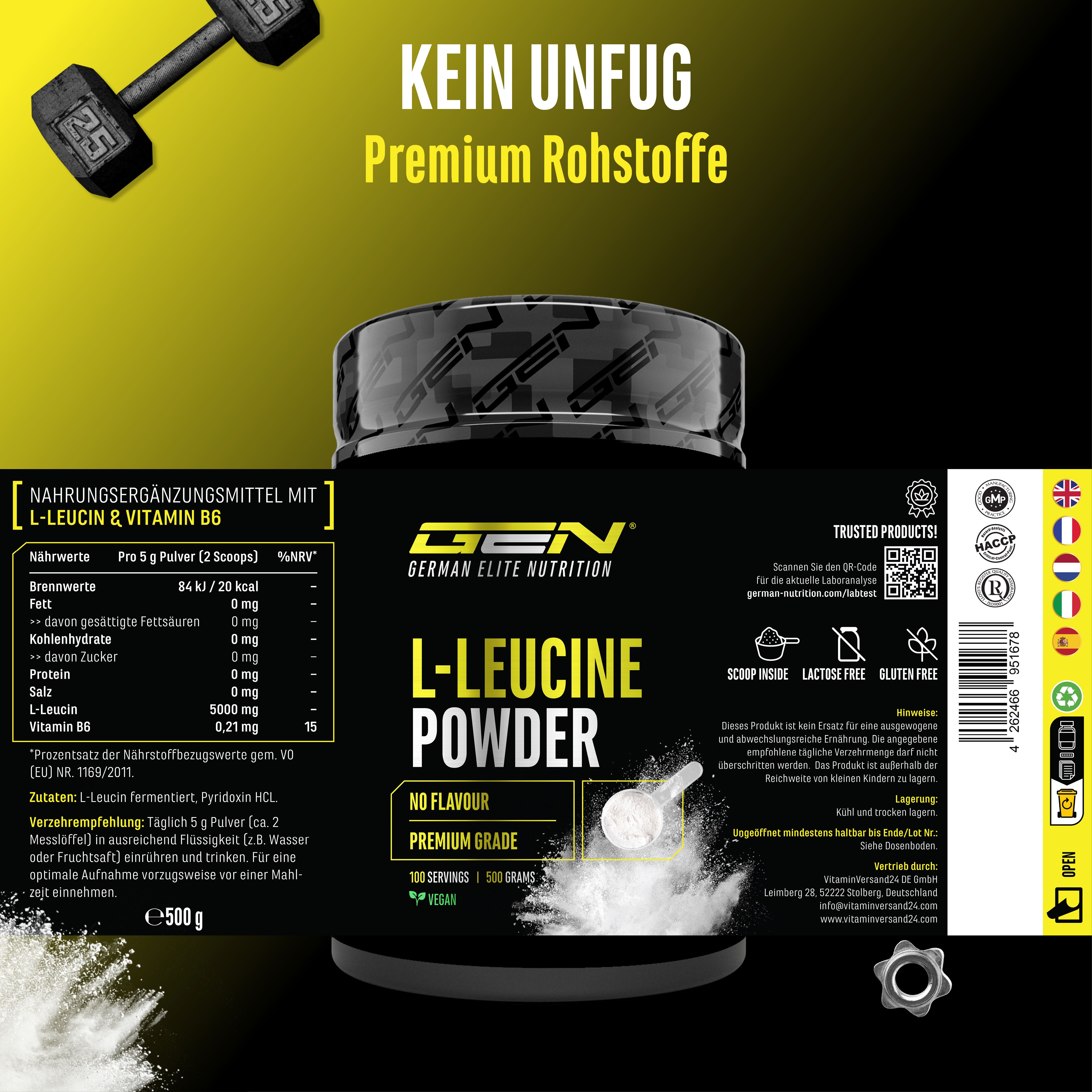 Dose GEN L-Leucin Pulver mit Nährwertangaben. Enthält L-Leucin & Vitamin B6. Aufschrift: No Flavour, Premium Grade, 100 Servings.