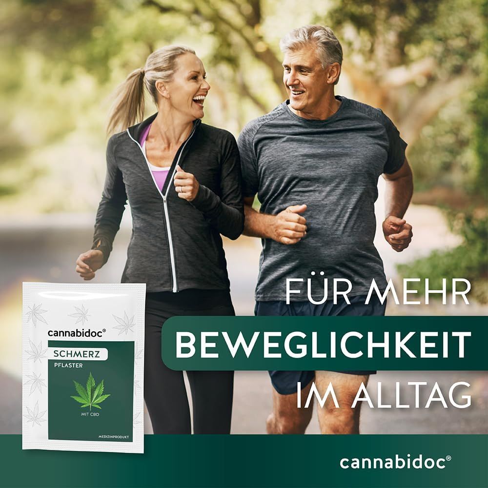 Zwei Personen joggen. Einzelverpackung Schmerzpflaster. Text: Für mehr Beweglichkeit im Alltag. cannabidoc Logo.