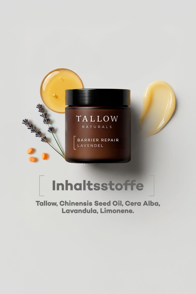 Braune Dose mit schwarzem Deckel. Aufschrift: Tallow Naturals, Barrier Repair Lavendel. Daneben Inhaltsstoffe: Tallow, Chinensis Seed Oil, Cera Alba, Lavandula, Limonene.