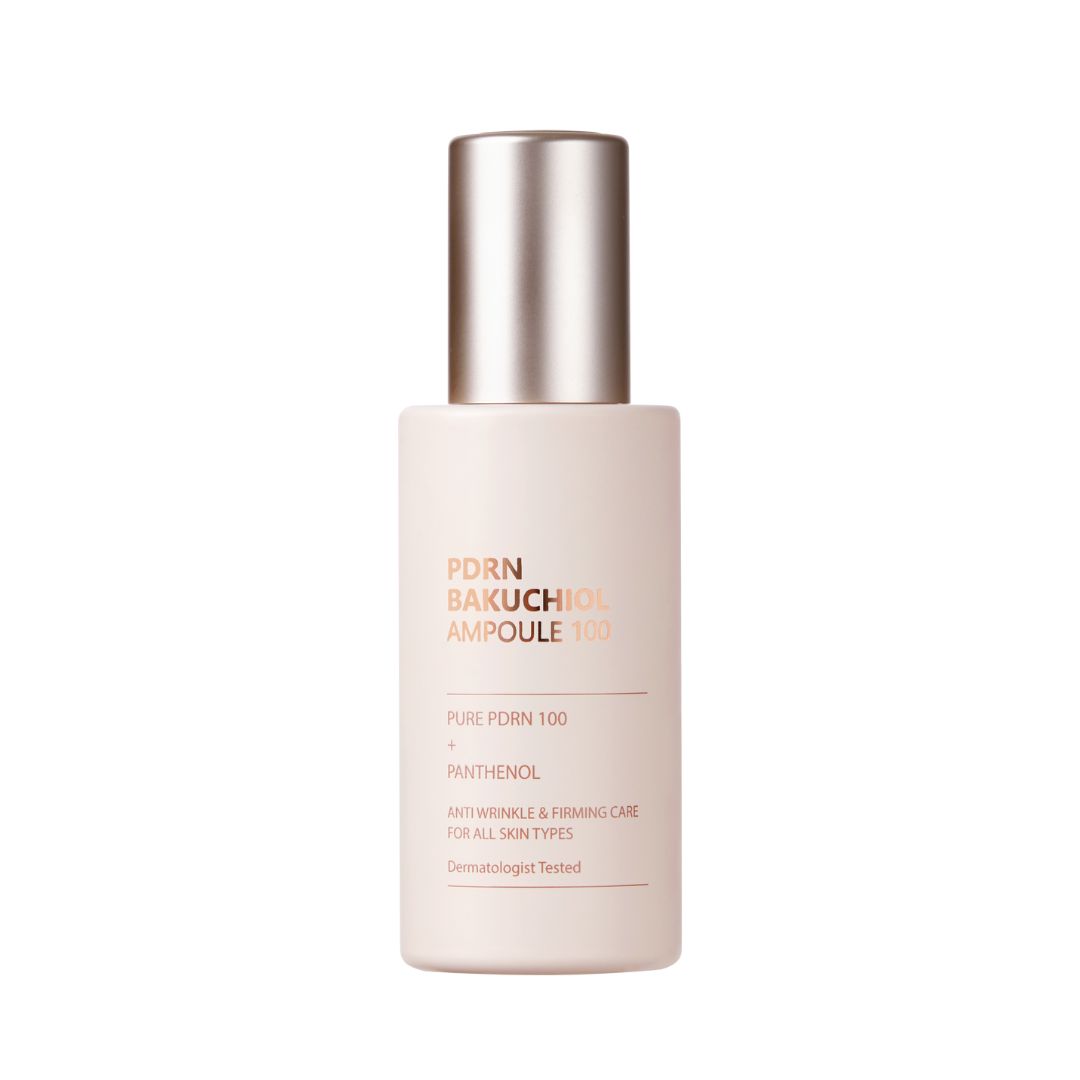 Beige Flasche mit silbernem Deckel. Aufschrift: PDRN BAKUCHIOL AMPOULE 100, Pure PDRN 100 + Panthenol, Anti-Falten-Pflege.