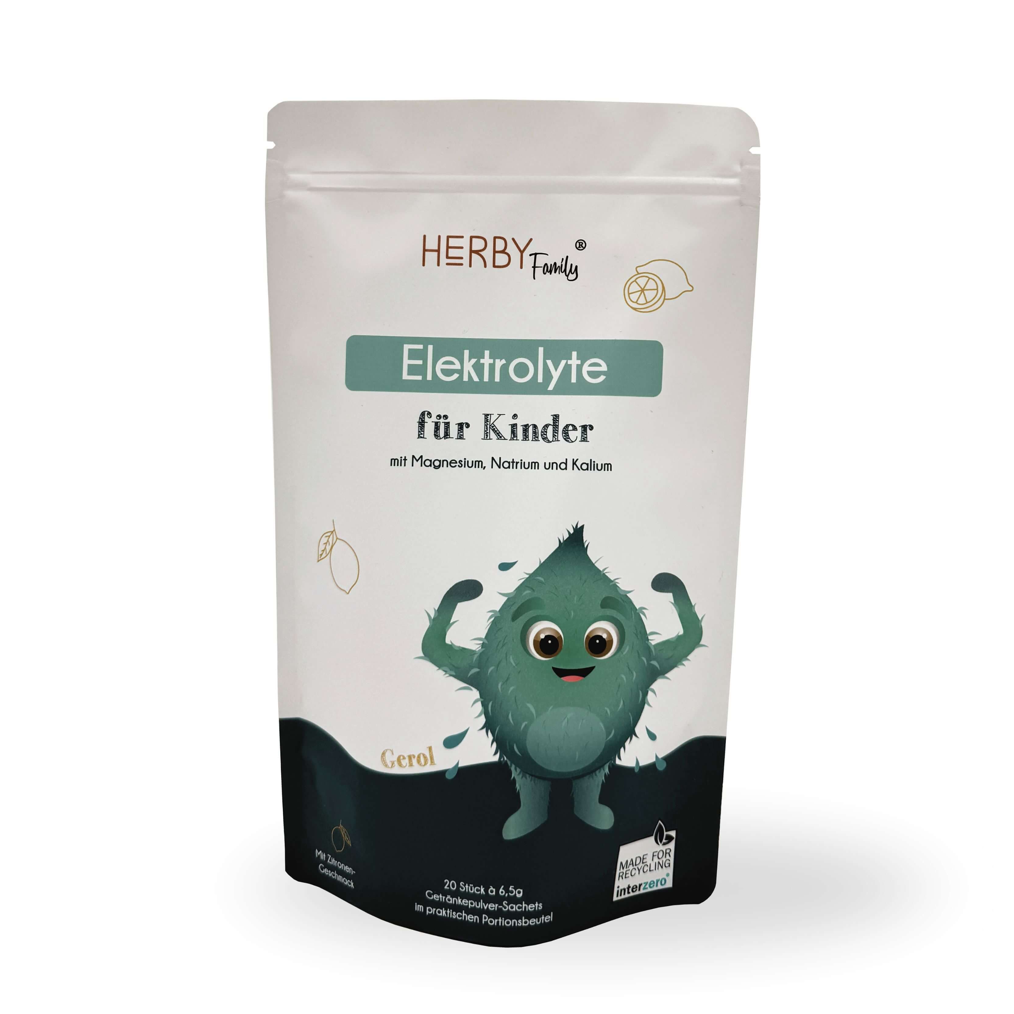 Beutel mit Elektrolyten für Kinder. Aufschrift: Herby Family. Abbildung eines grünen Monsters. Enthält Magnesium, Natrium und Kalium.
