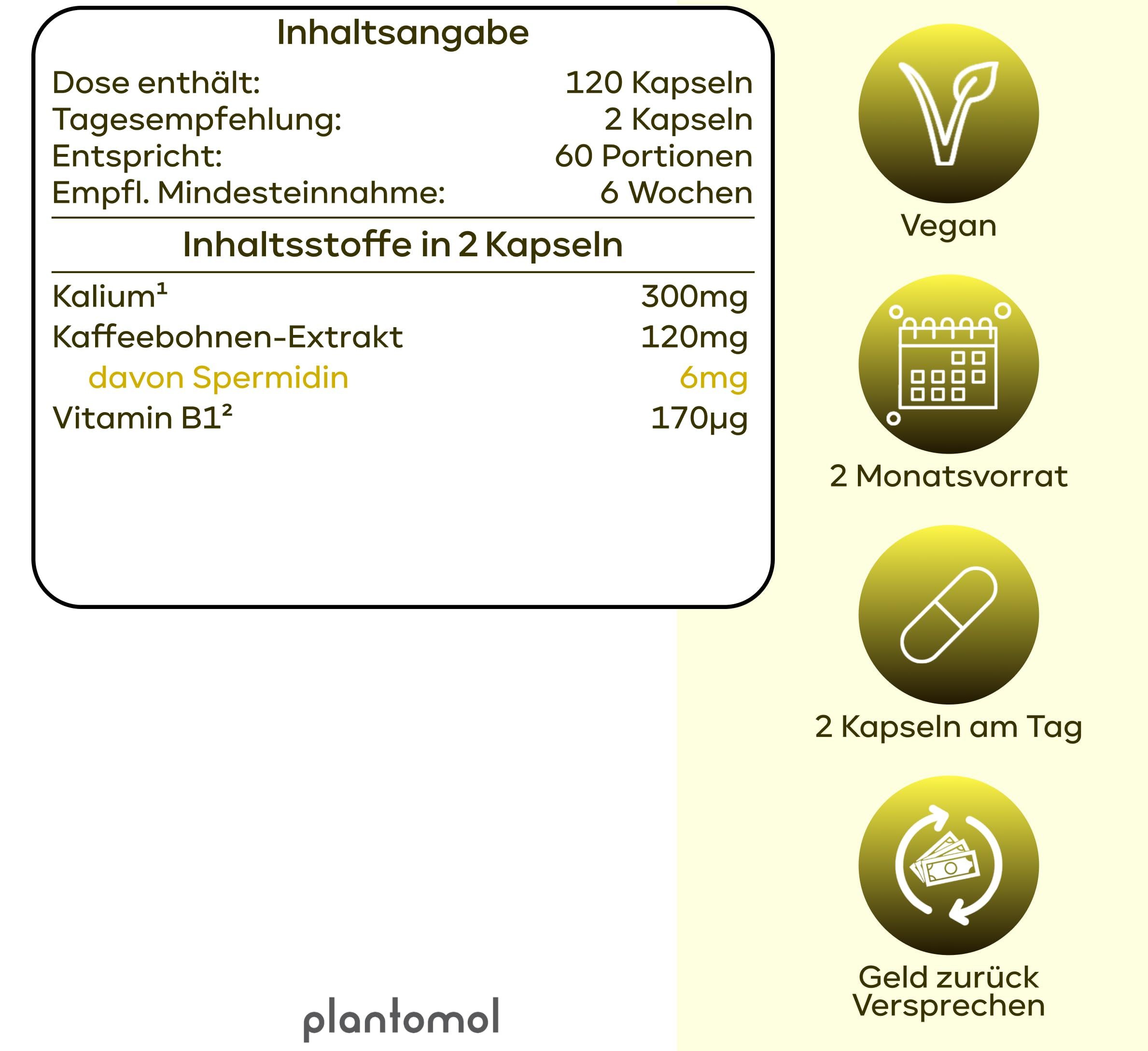 Nährwerttabelle: 120 Kapseln, 2 Kapseln pro Portion, 60 Portionen, 6 Wochen. Enthält Kalium, Kaffeebohnen-Extrakt, Spermidin, Vitamin B12. Vegan.