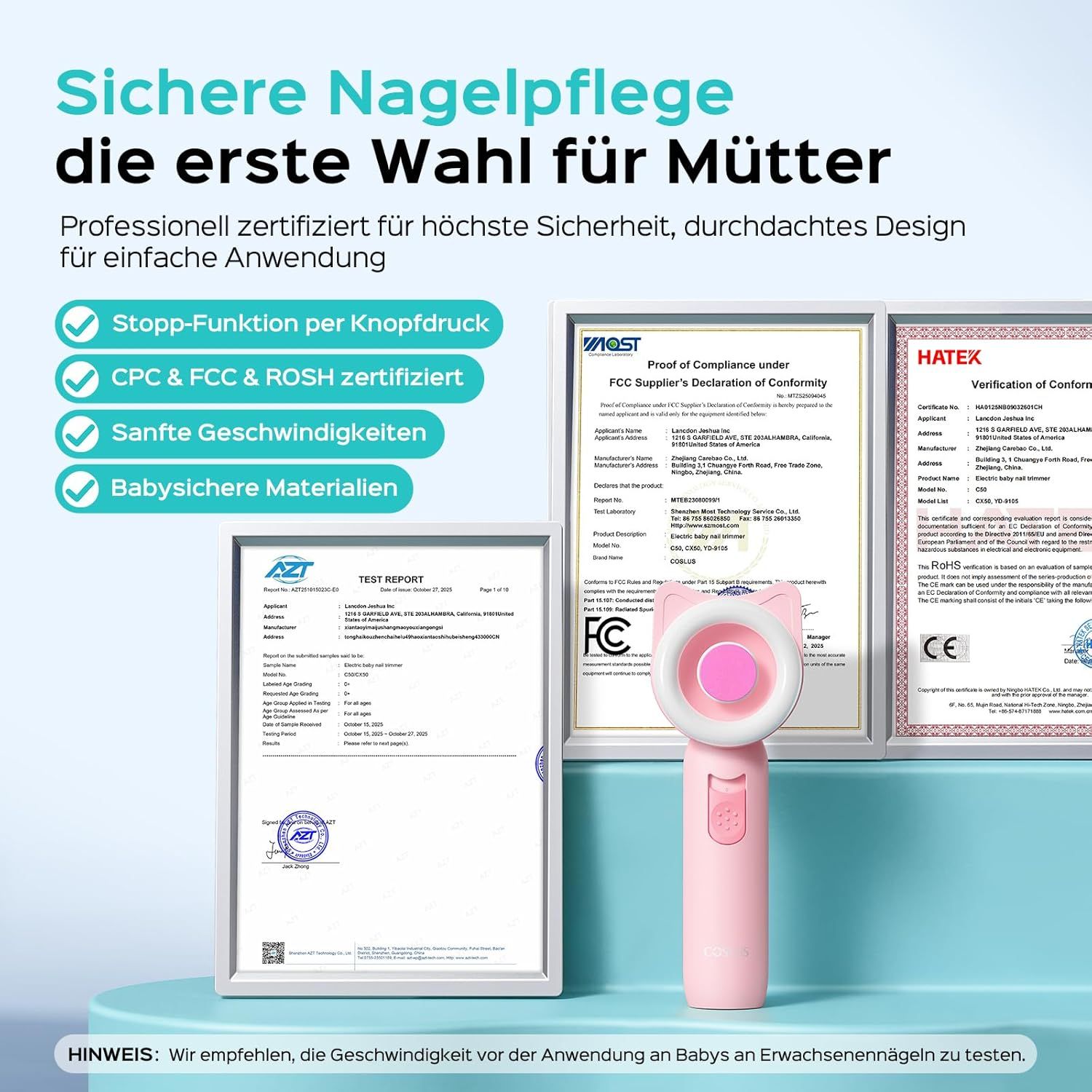 Nagelpflegeset mit Zertifizierungen. Rosa Gerät mit Zertifikaten: CPC, FCC, ROSH, AZT, HATEX.