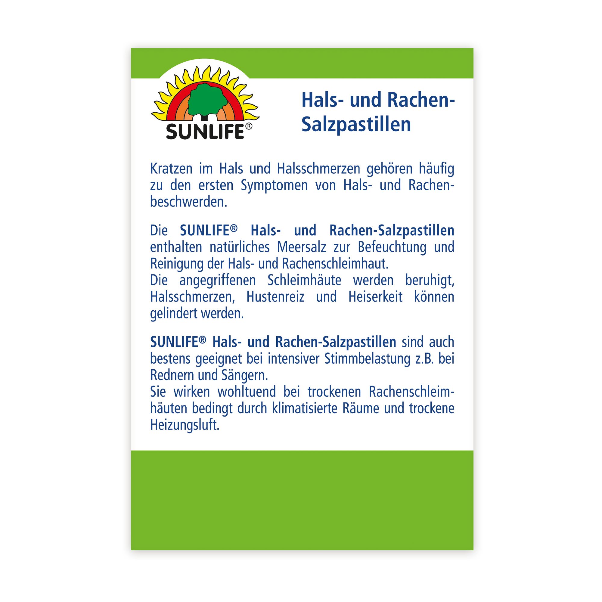 Text auf weißem Hintergrund. Informationen zu Sunlife Hals- und Rachen-Salzpastillen. Beschreibung der Wirkung und Anwendung.
