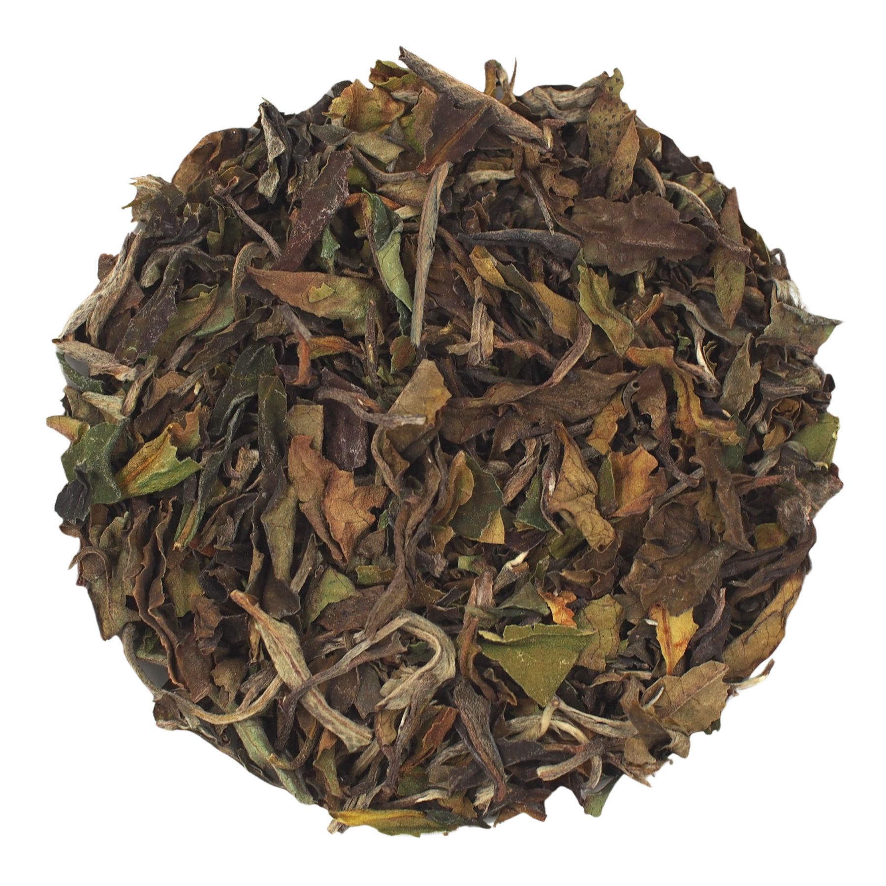 Nahaufnahme von getrockneten Teeblättern. Verschiedene Farben: braun, grün, weiß. Runde Anordnung auf weißem Hintergrund.