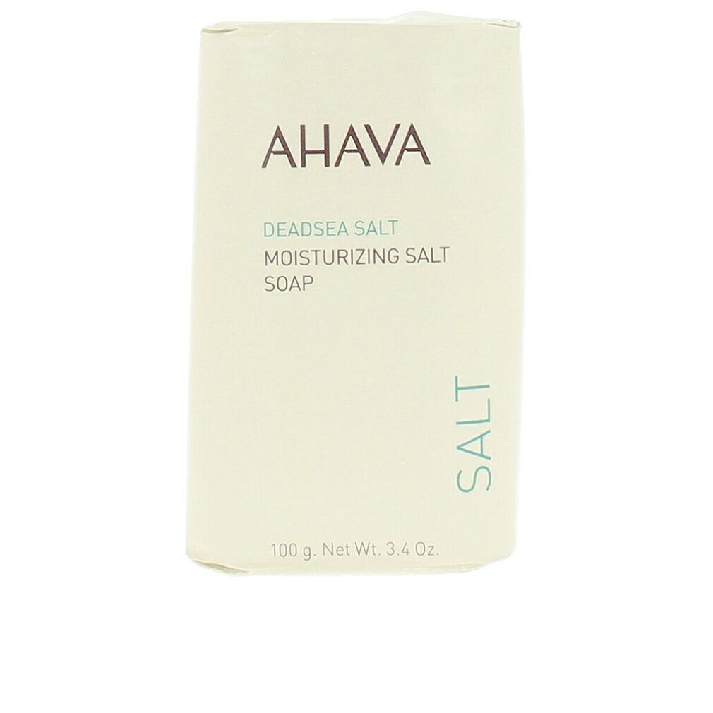 AHAVA DEADSEA SALT Seife. Rechteckige Verpackung mit grüner Schrift. Gewicht: 100 g.