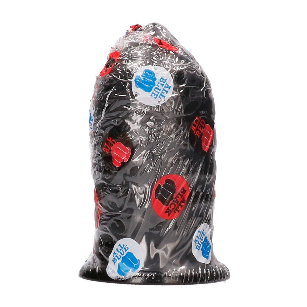 Schwarzer Buttplug mit Rillenmuster, verpackt in Folie mit runden Aufklebern.