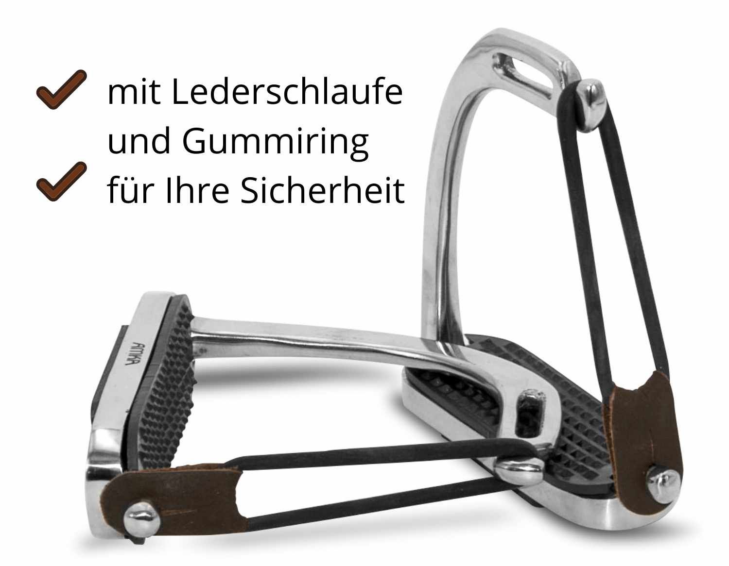Sicherheitssteigbügel mit Lederschlaufe und Gummiring. Metall, schwarz und braun. Detailansicht.