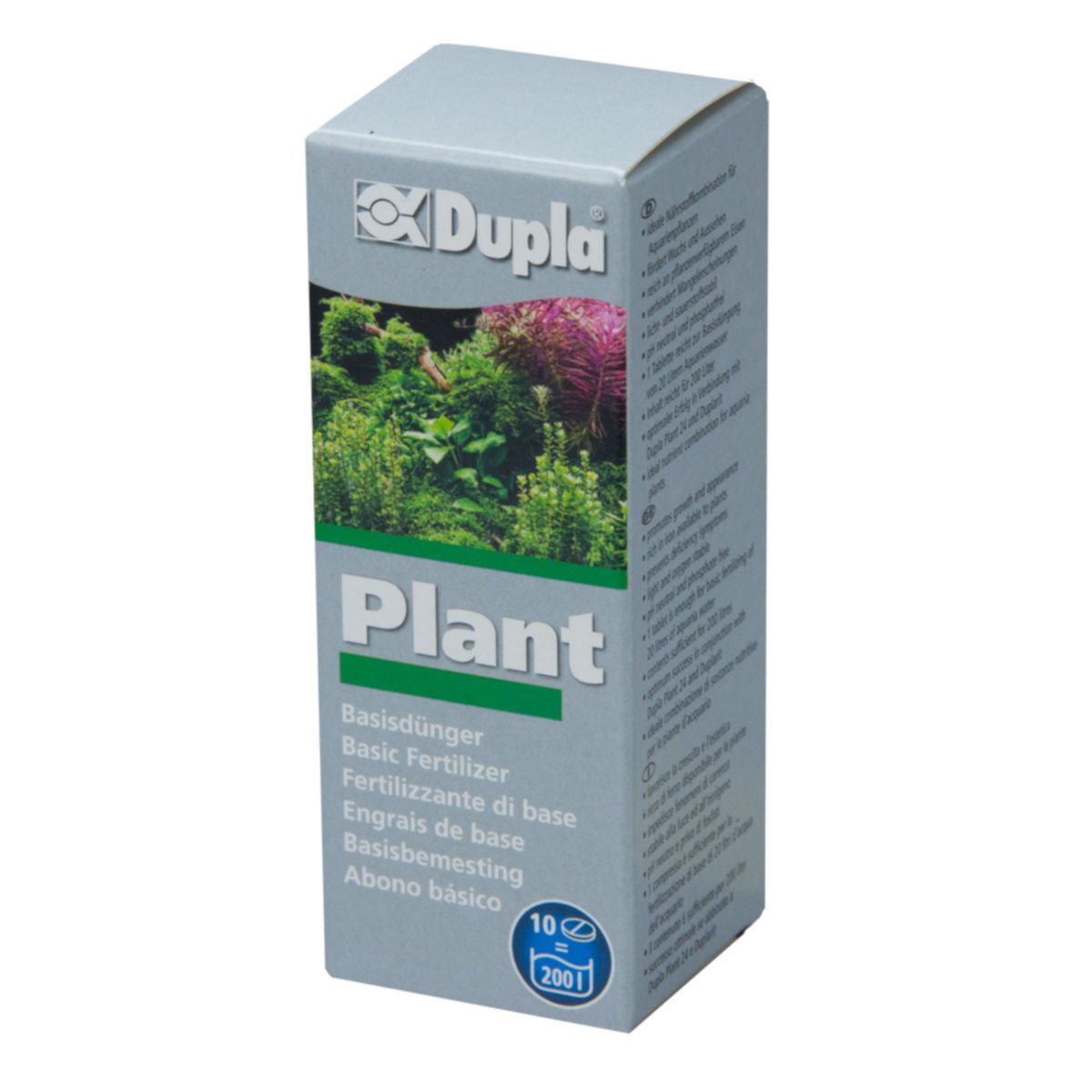 Graue Kartonverpackung mit "Dupla" Logo und "Plant" Schriftzug. Enthält Basisdünger. Mehrsprachige Produktbezeichnungen.