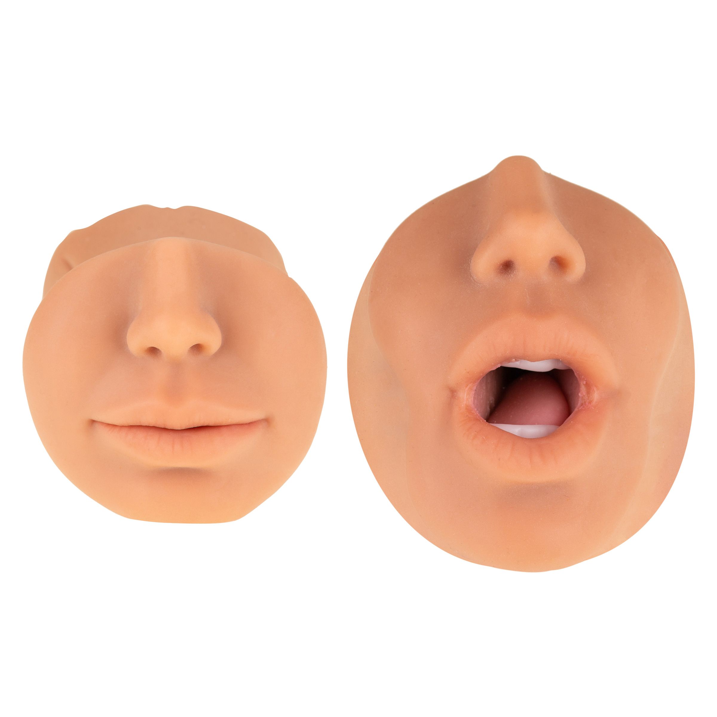 Zwei beigefarbene, anatomisch geformte Masturbationshilfen. Eine mit geschlossenen Lippen, eine mit geöffnetem Mund.