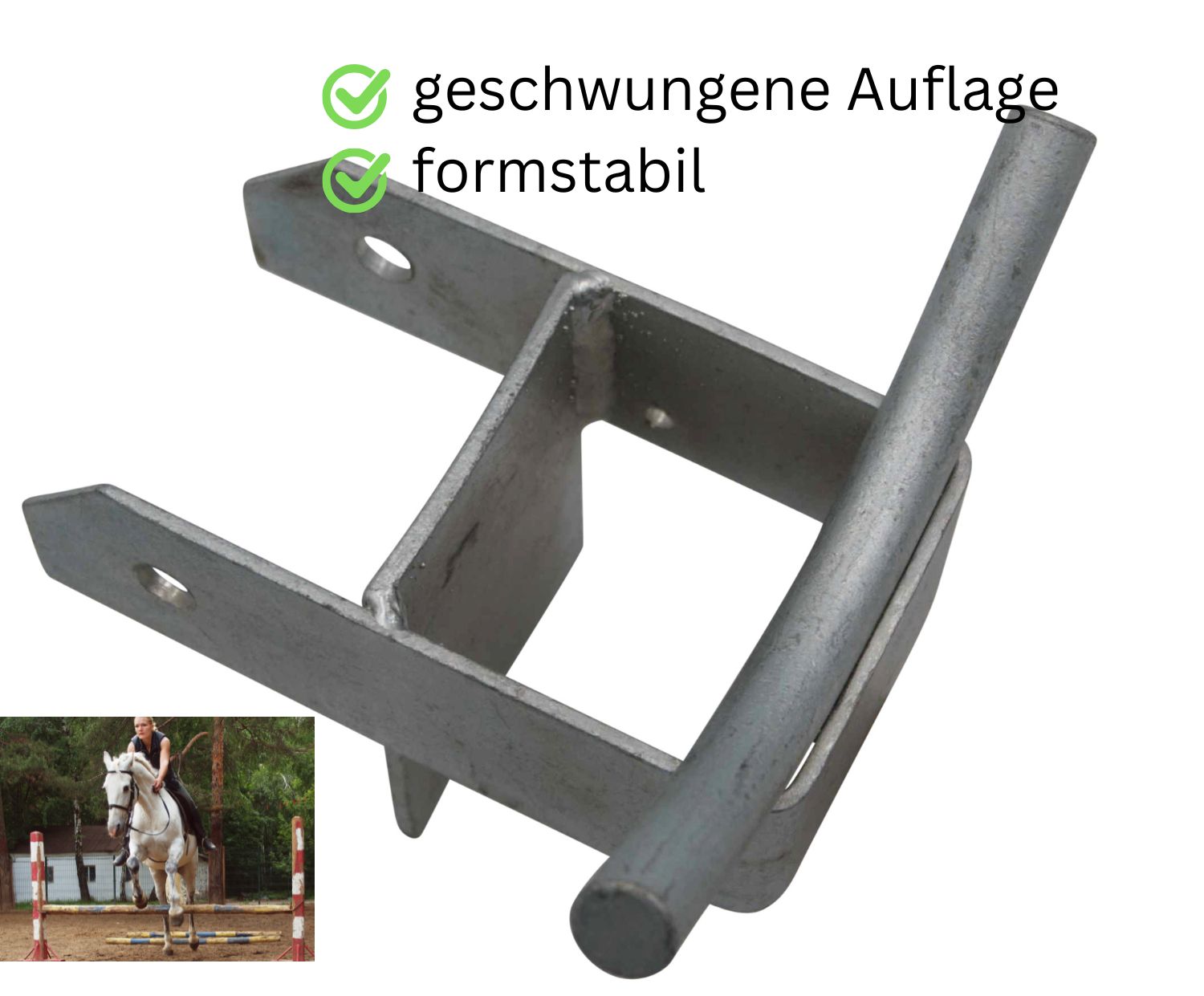 Metallhalterung mit gebogener Auflage und Stift. Text: geschwungene Auflage, formstabil. Kleines Bild: Pferd beim Springen.