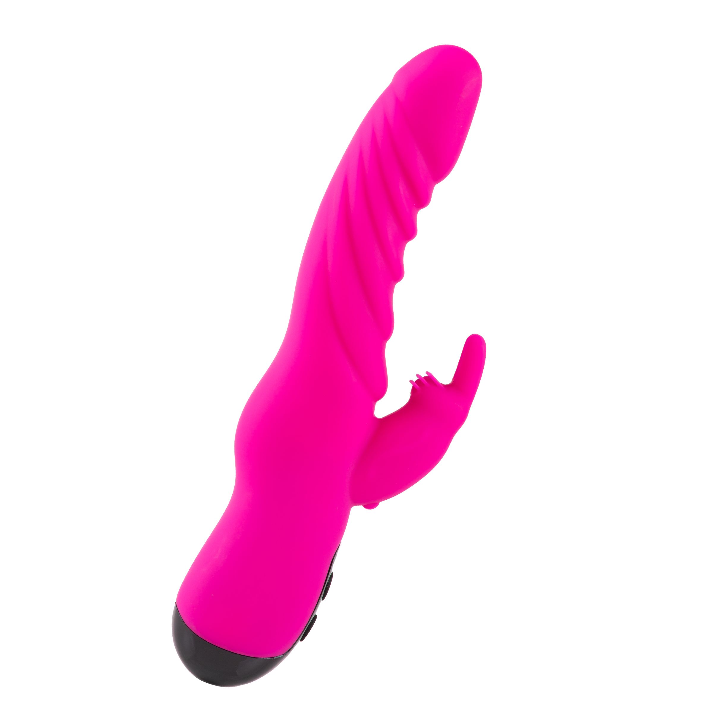 Pinkfarbener Vibrator mit geriffelter Oberfläche und gebogener Form. Schwarzer Bedienbereich mit Knöpfen. Glatte Basis.