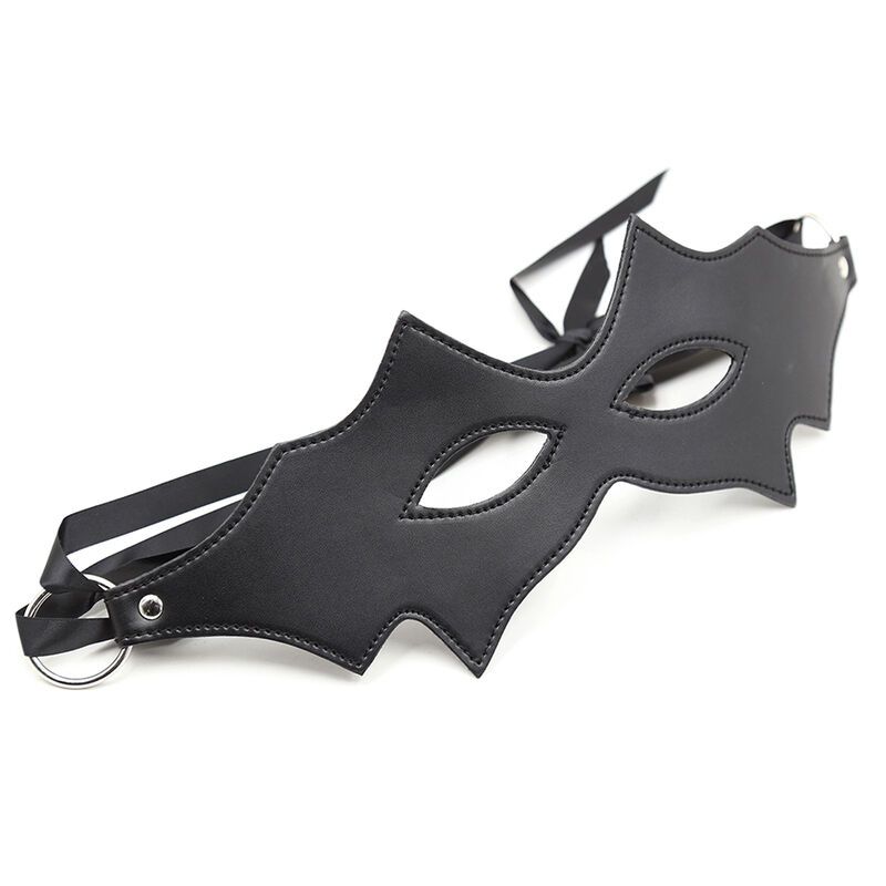 Schwarze Augenmaske in Fledermausform. Mit Augenöffnungen und Bändern. Aus Kunstleder.