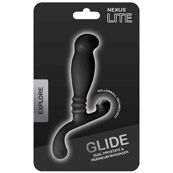 Nexus Glide Lite Verpackung mit schwarzem Massagegerät und Produktinformationen.