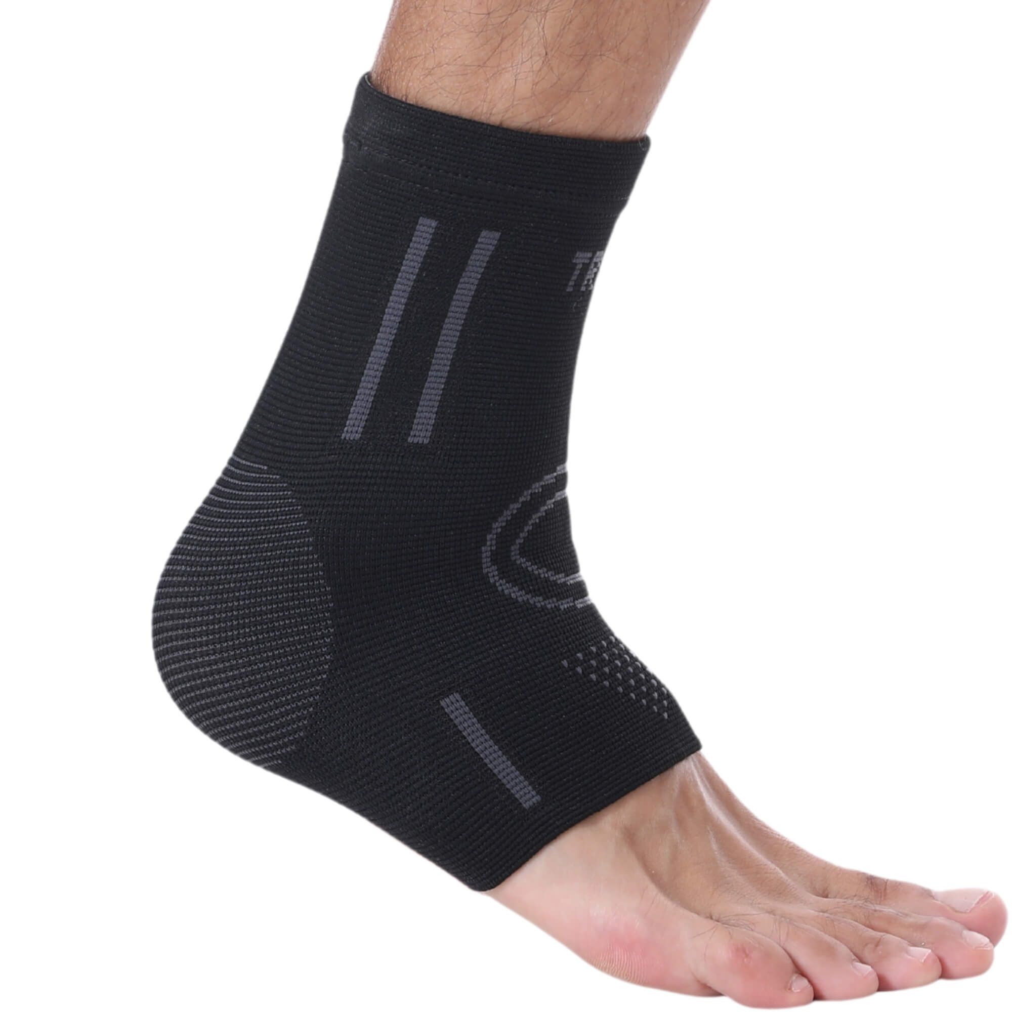 Schwarze Knöchelbandage mit dezenten grauen Streifen.