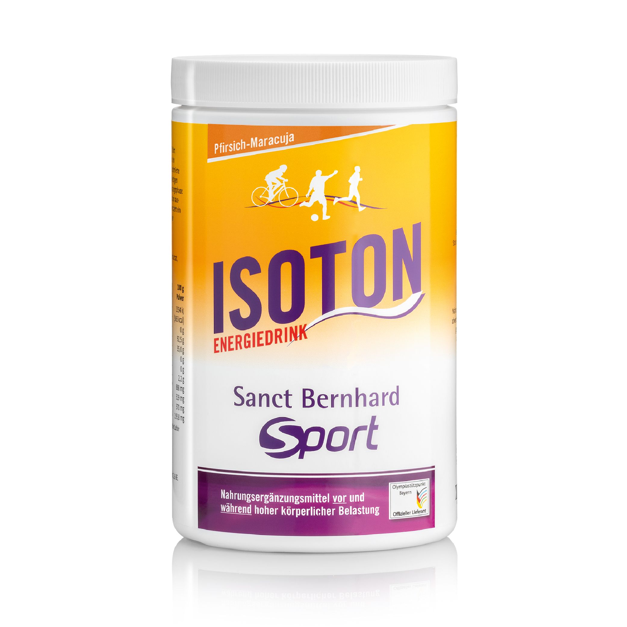Weiße Dose mit gelbem Etikett. Text: Isoton Energiedrink, Sanct Bernhard Sport. Abbildung von Sportlern.