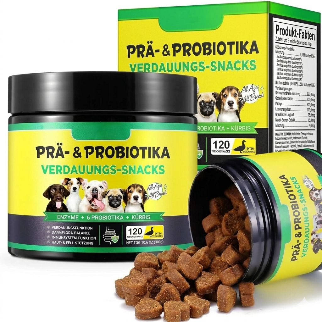 Produktverpackung: Prä- & Probiotika Verdauungs-Snacks. Dose mit Leckerlis, daneben eine Schachtel. 120 Snacks.
