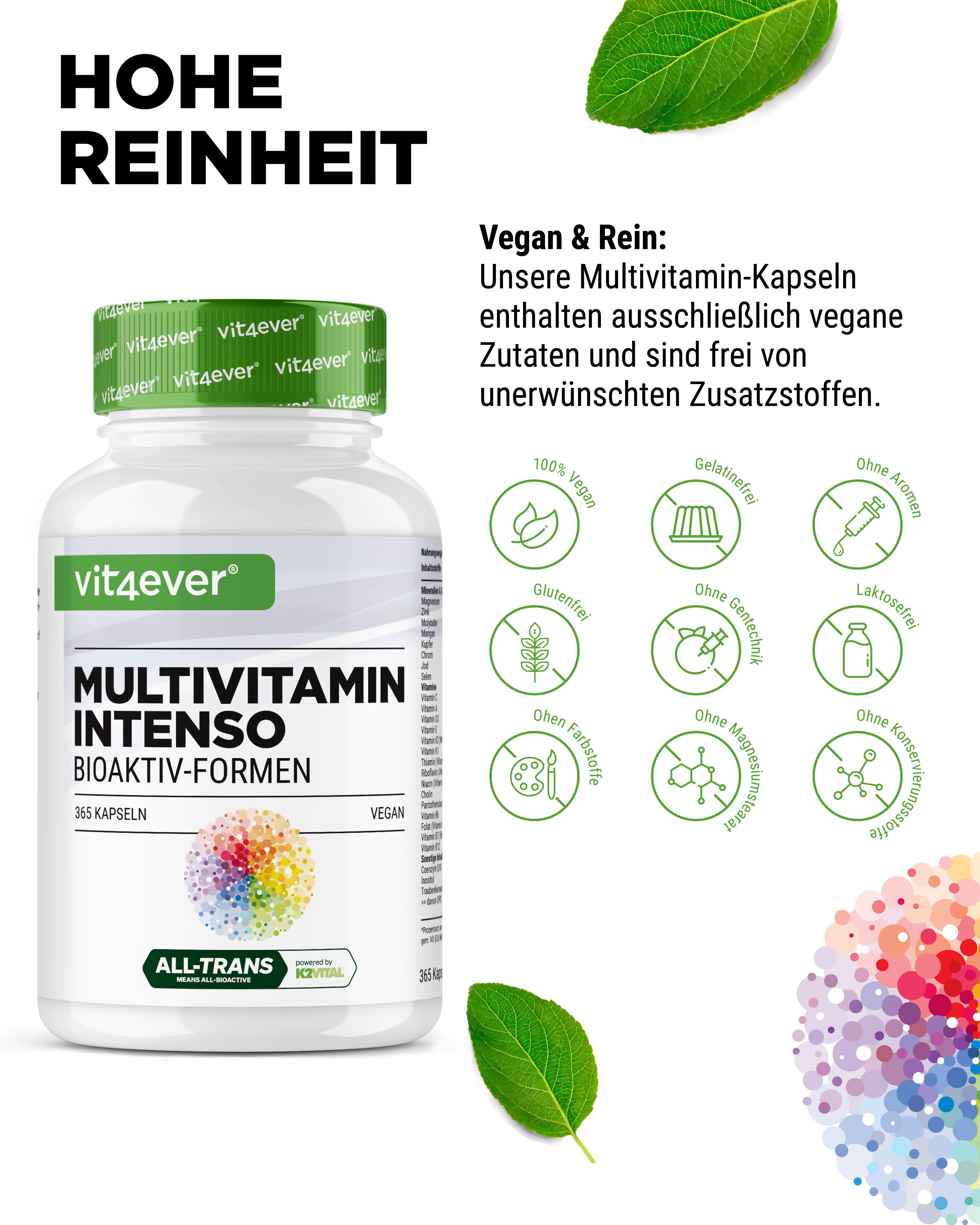 Eine Flasche vit4ever Multivitamin Intenso mit 365 Kapseln. Aufschrift: Hohe Reinheit. Vegan & rein. Frei von unerwünschten Zusatzstoffen.