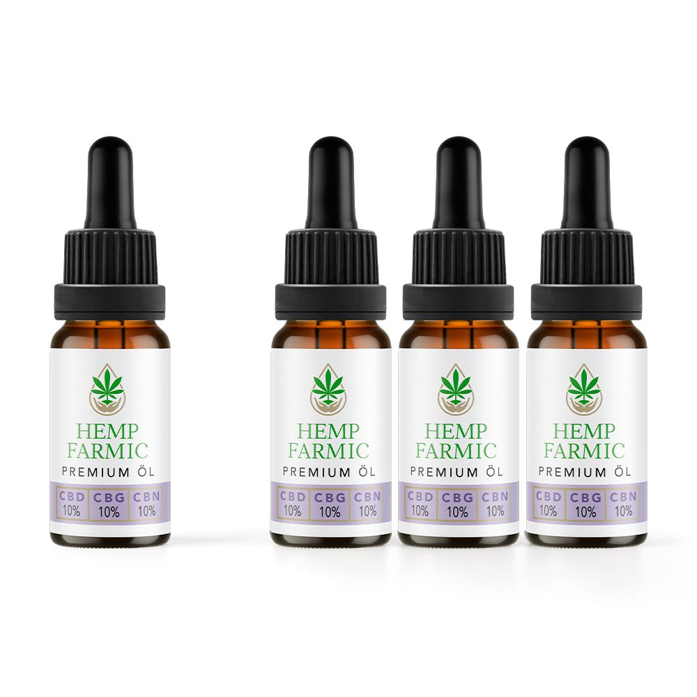 Vier Flaschen mit Etikett. Aufschrift: HempFarmic, CBD, CBG, CBN 10%. Braune Glasflaschen mit Pipette.