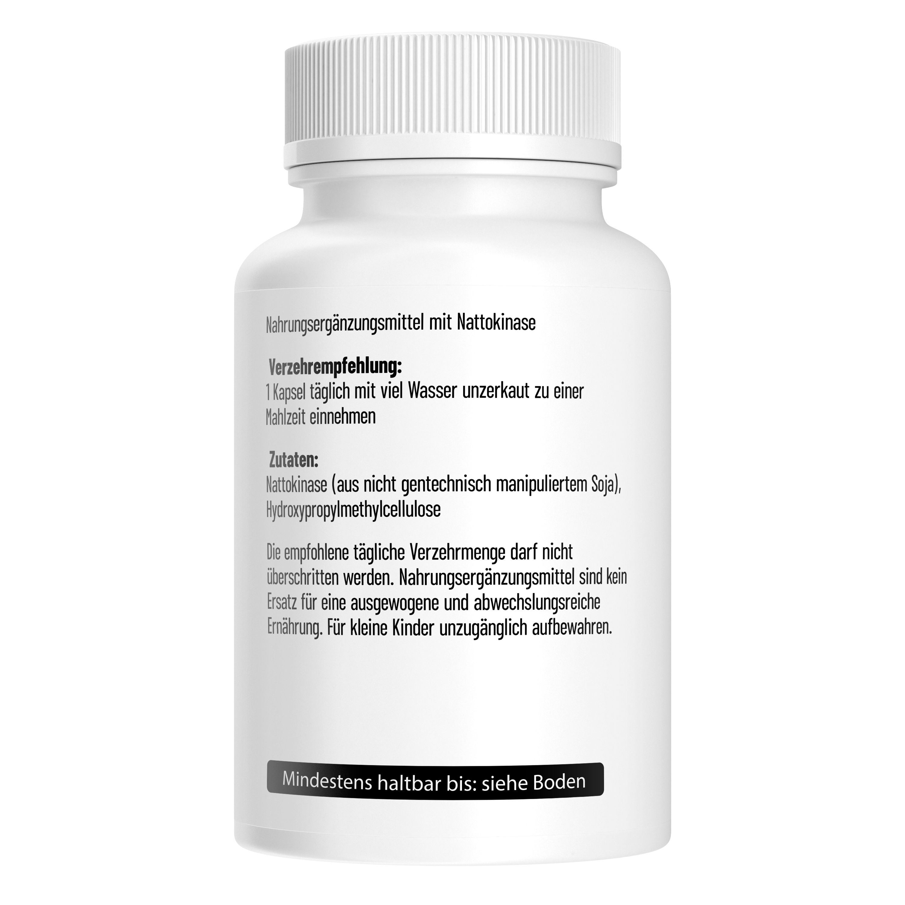 Rückseite einer Nattokinase-Flasche mit Nährwertangaben und Anwendungshinweisen.