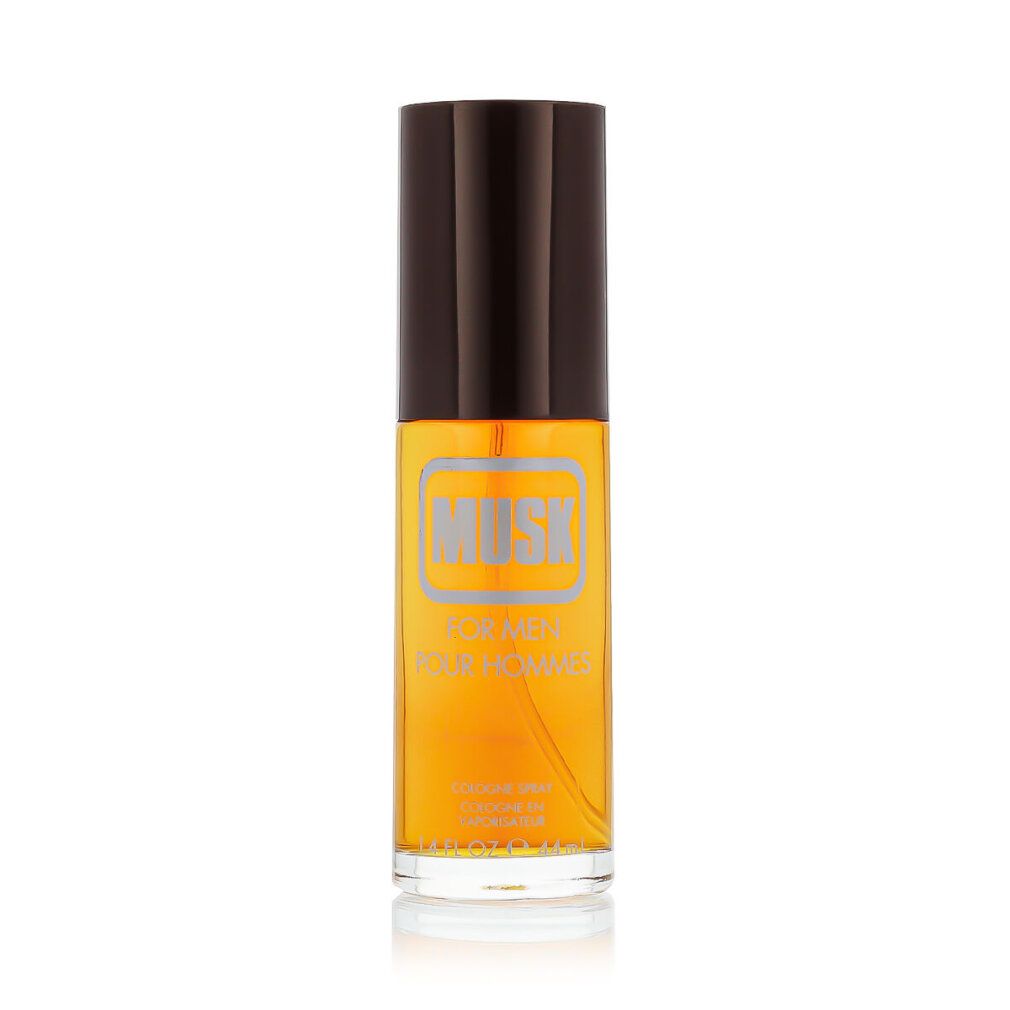 Coty Musk for Men Eau de Cologne Spray. Zylindrischer Flakon, brauner Deckel. Orangefarbene Flüssigkeit. Logo und Schriftzug auf dem Flakon.