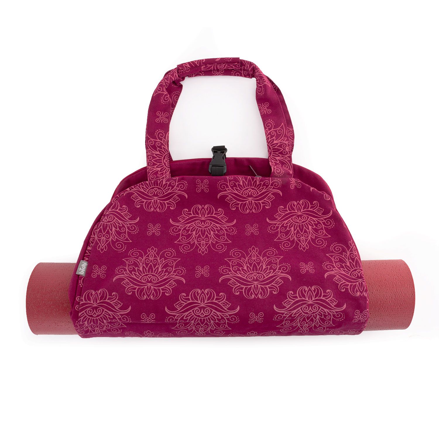 Yoga-Tasche mit Lotus-Muster, beerefarben. Mit Tragegriff und Schnalle. Eine Yogamatte ist sichtbar.