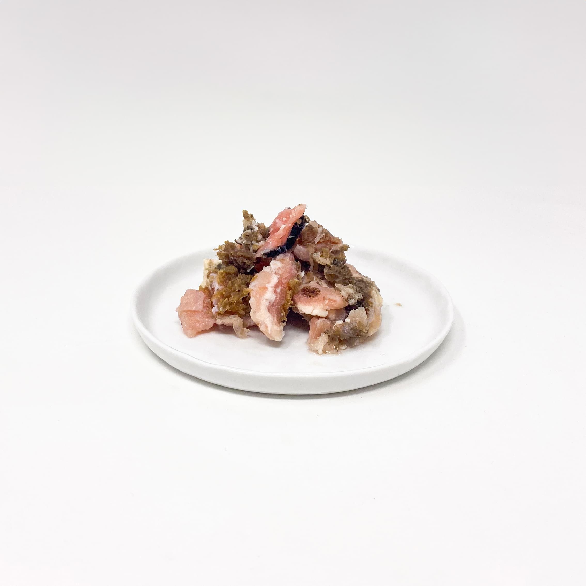 Ein Haufen roher Fleisch- und Fischstücke auf einem weißen Teller.