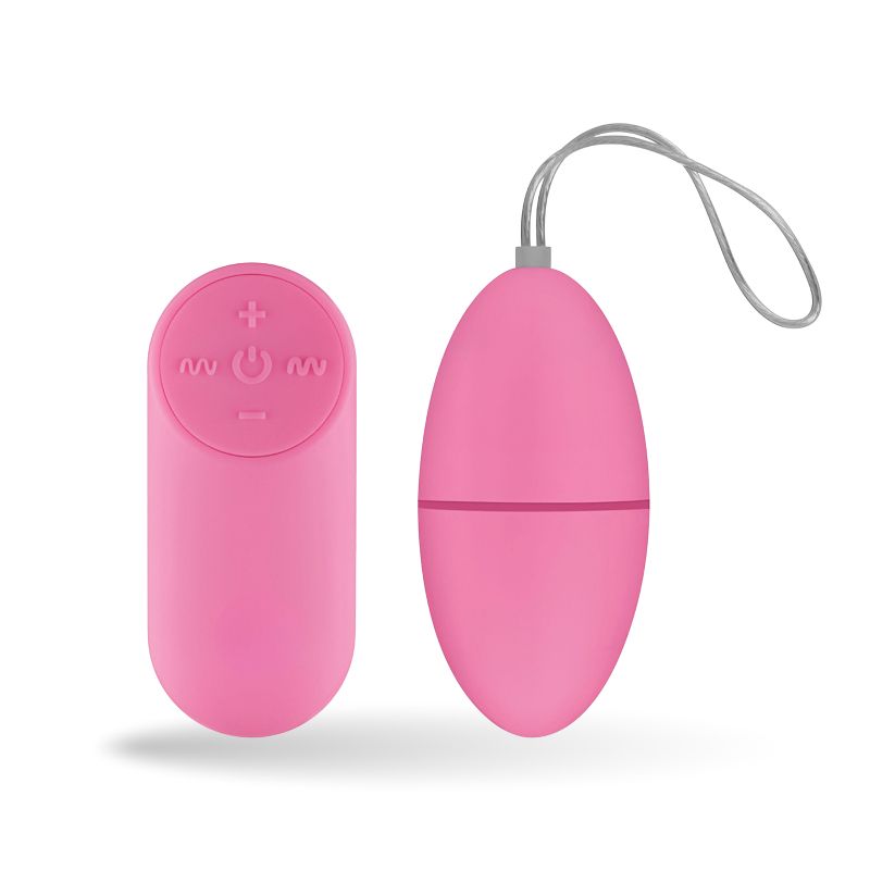 Rosa Ei-Vibrator und Fernbedienung. Das Ei hat eine Schnur. Die Fernbedienung hat Bedienelemente.