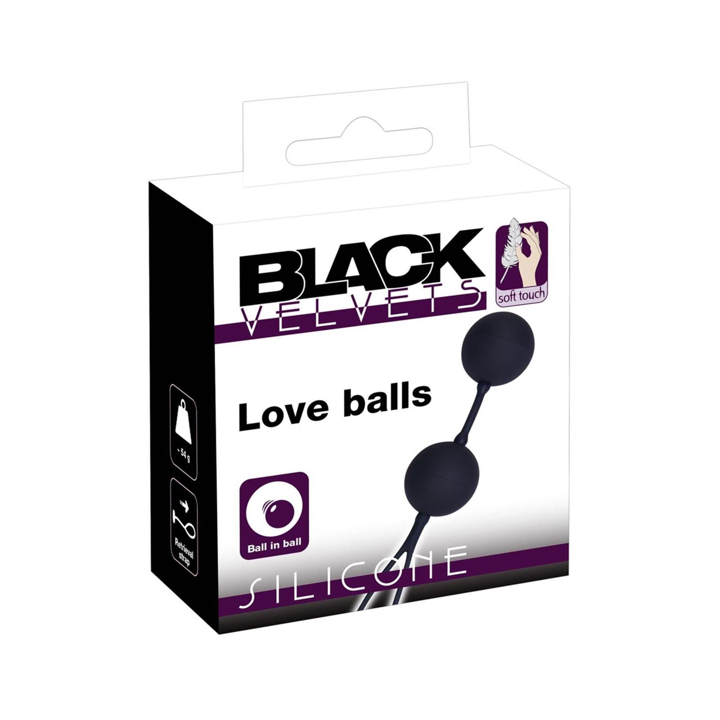 Verpackung der Black Velvets Liebeskugel-Duo mit Abbildung des Produkts.