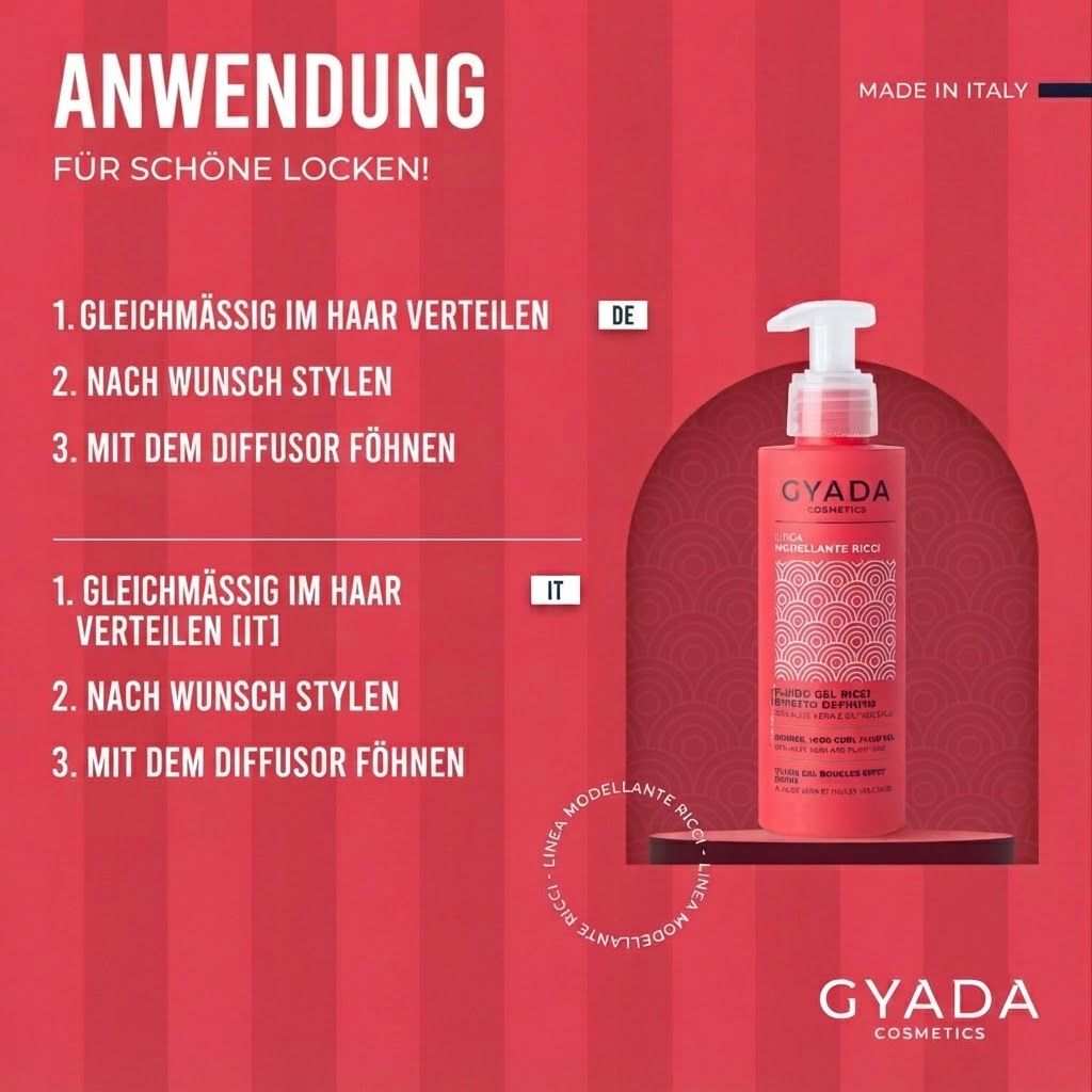 Rote Flasche GYADA COSMETICS mit definierten Locken-Fluid Gel.