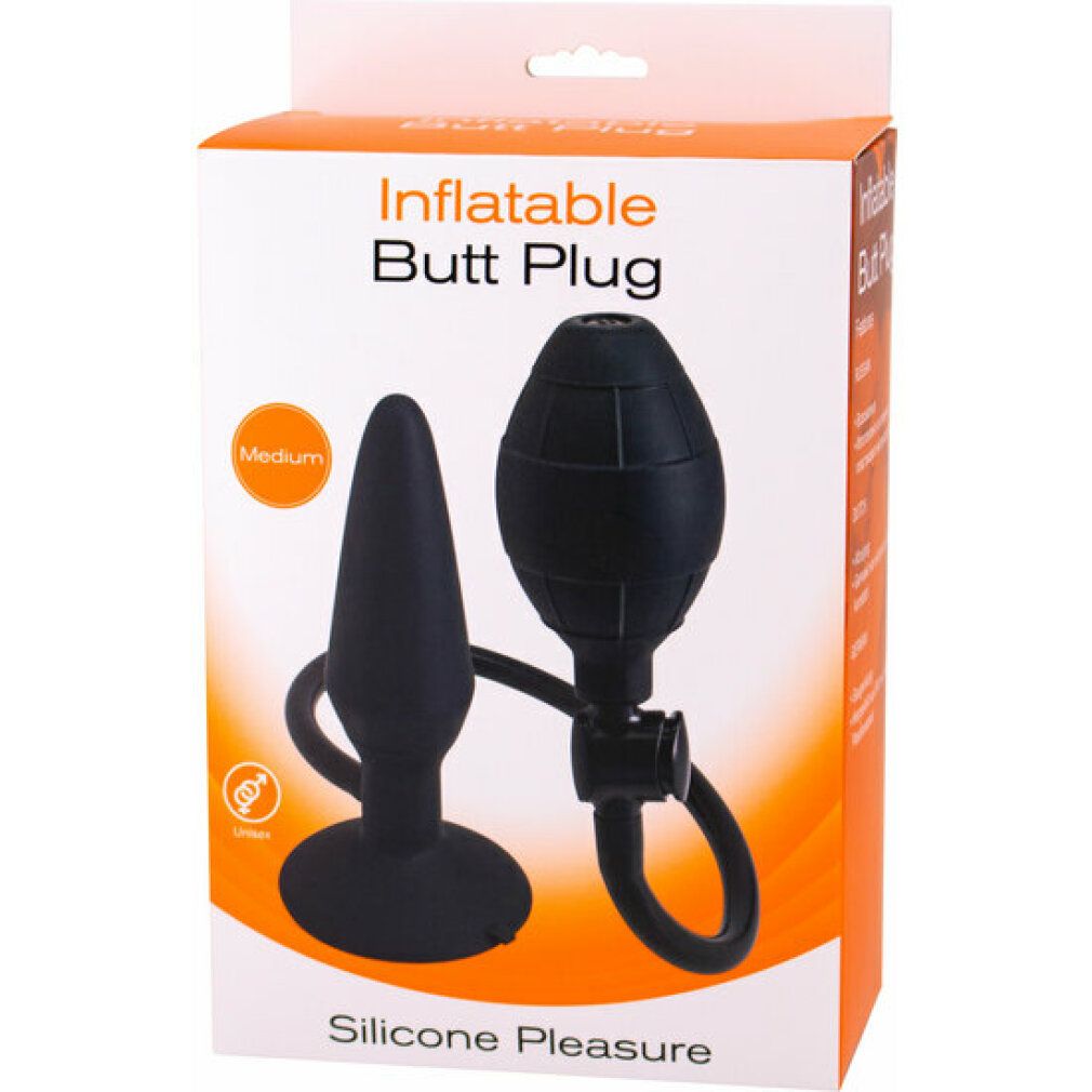 Schwarzer, aufblasbarer Analplug mit Pumpe. In Verpackung mit Produktname und "Medium"-Kennzeichnung.