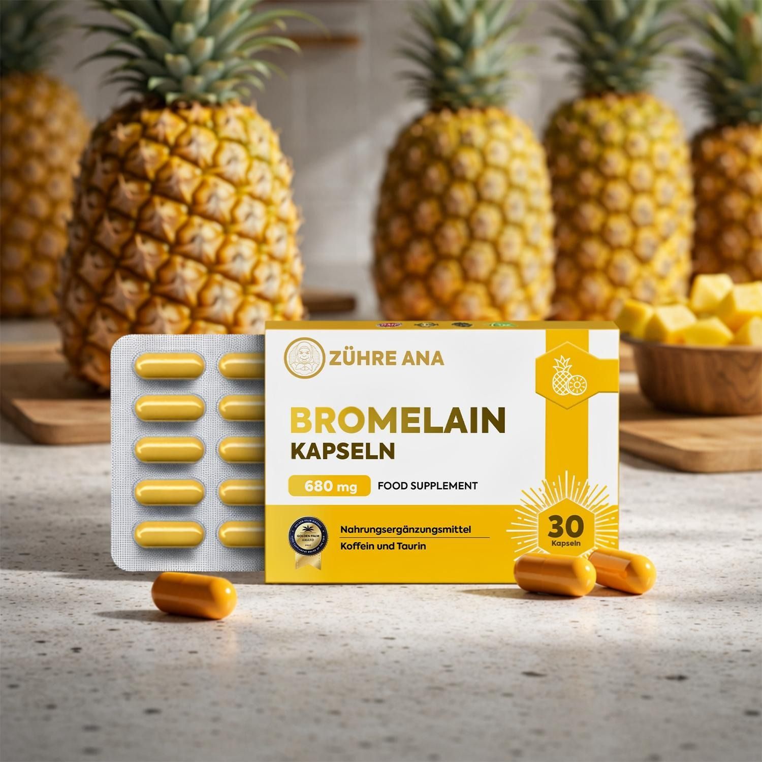 Verpackung mit Bromelain-Kapseln, 680 mg, Nahrungsergänzungsmittel, 30 Kapseln.