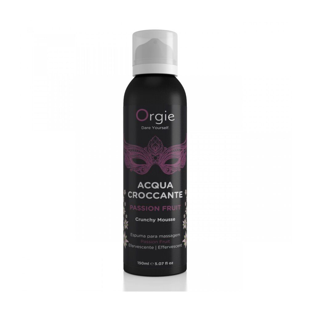 Orgie Acqua Croccante Knister-Schaum Passionsfrucht 150 ml, schwarze Dose mit Masken-Design.
