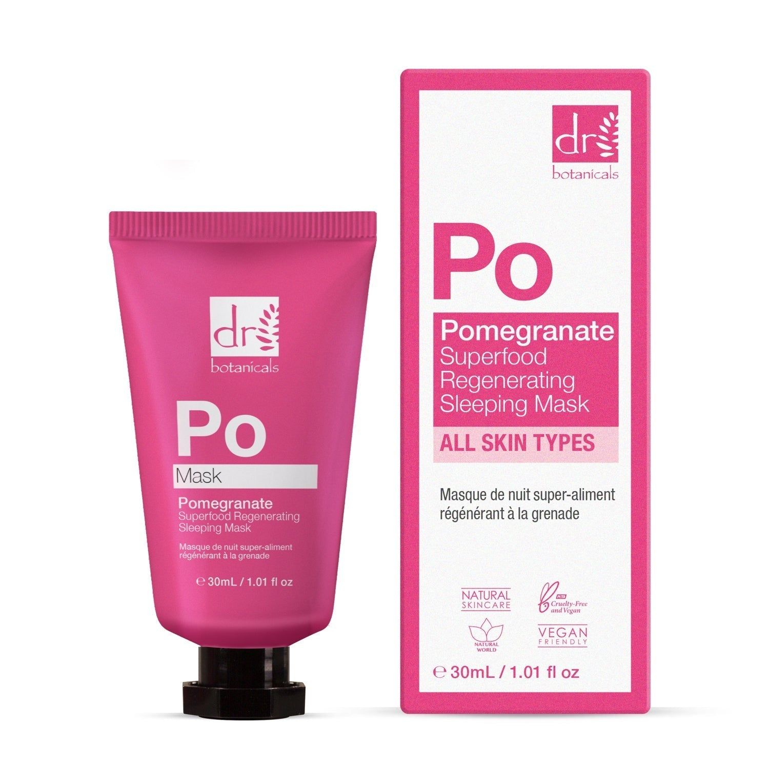 Rosa Tube und Schachtel. Aufschrift: Dr Botanicals, Po Mask, Pomegranate Superfood Regenerating Sleeping Mask. Vegan.