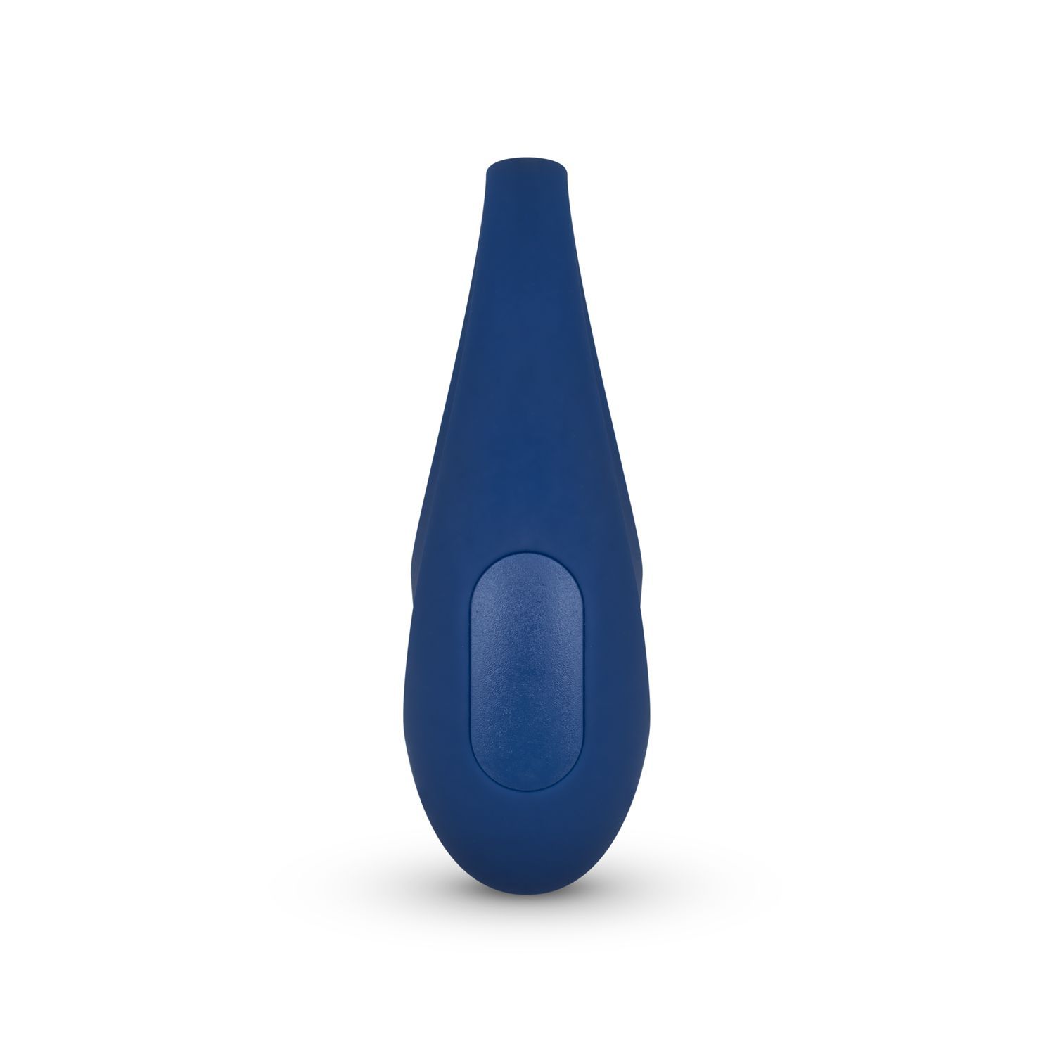 Blaues, längliches Produkt mit abgerundeter Spitze und einem Knopf. Auf weißem Hintergrund.