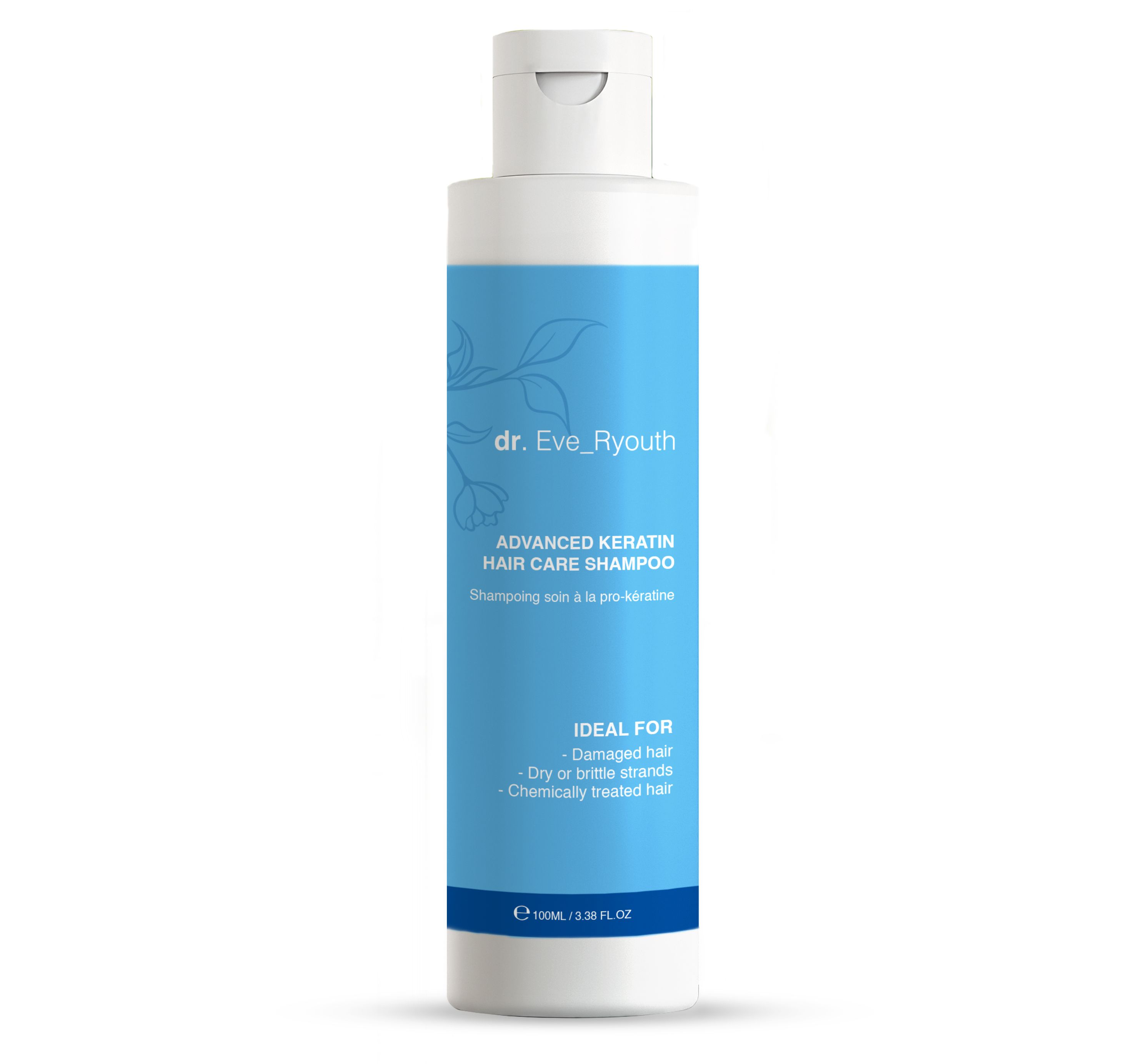 Flasche Shampoo. Blaues Etikett mit Text: Advanced Keratin Hair Care Shampoo. Ideal für coloriertes, trockenes oder chemisch behandeltes Haar.