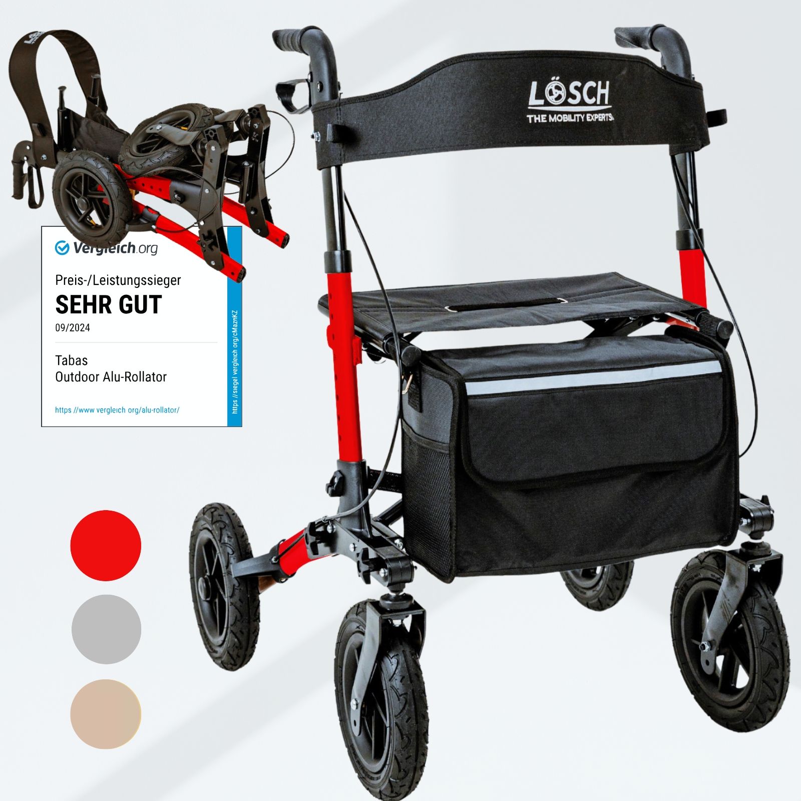 Rollator mit rotem Rahmen, schwarzem Sitz und Tasche. Auszeichnung "SEHR GUT".